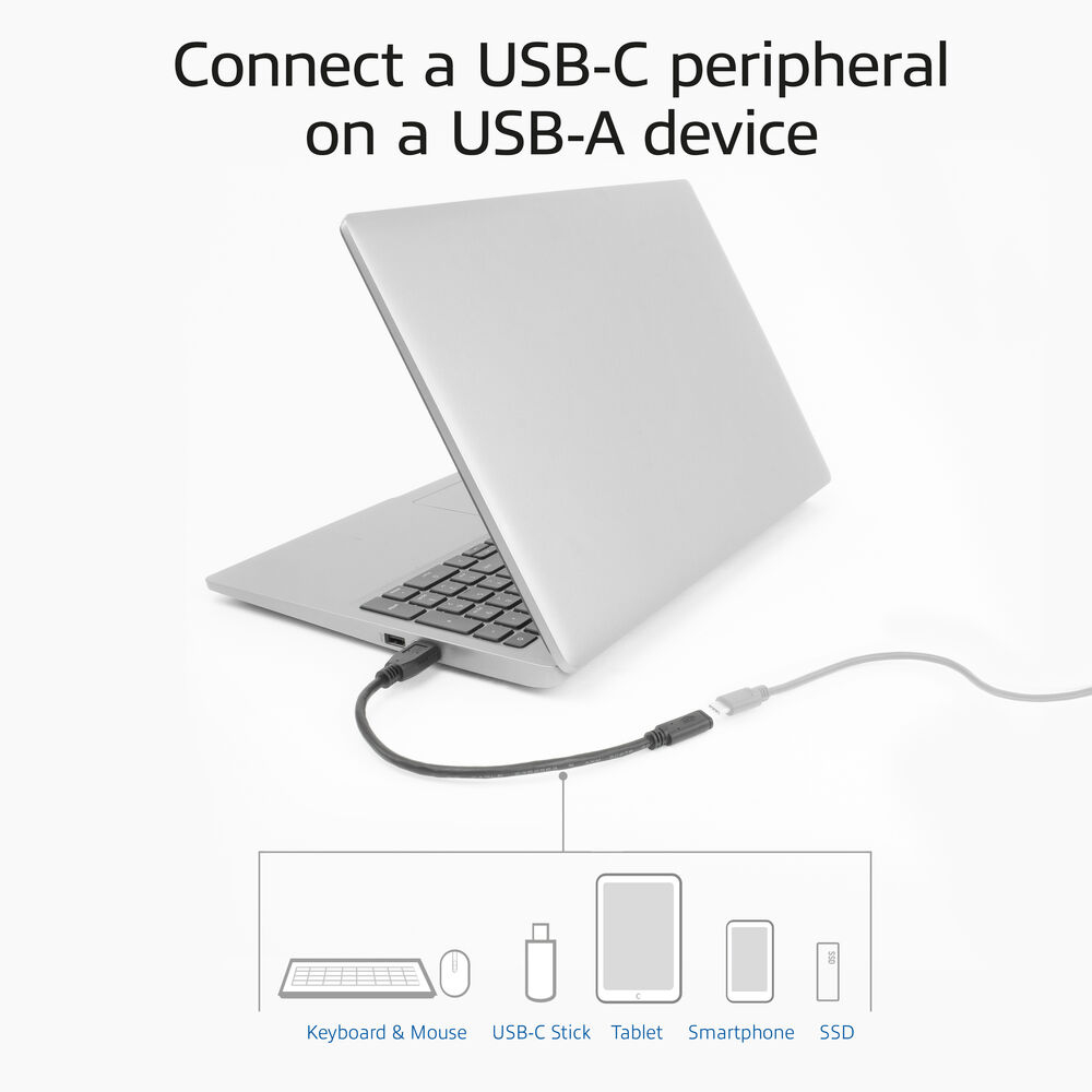 Laptop connected to a USB-C device. Diagrams of devices include keyboard, USB stick, tablet, smartphone, and SSD.
