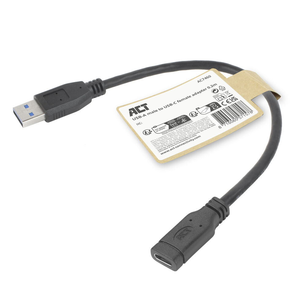 USB-A to USB-C female adapter cable, black, with a tag showing product details and certification.