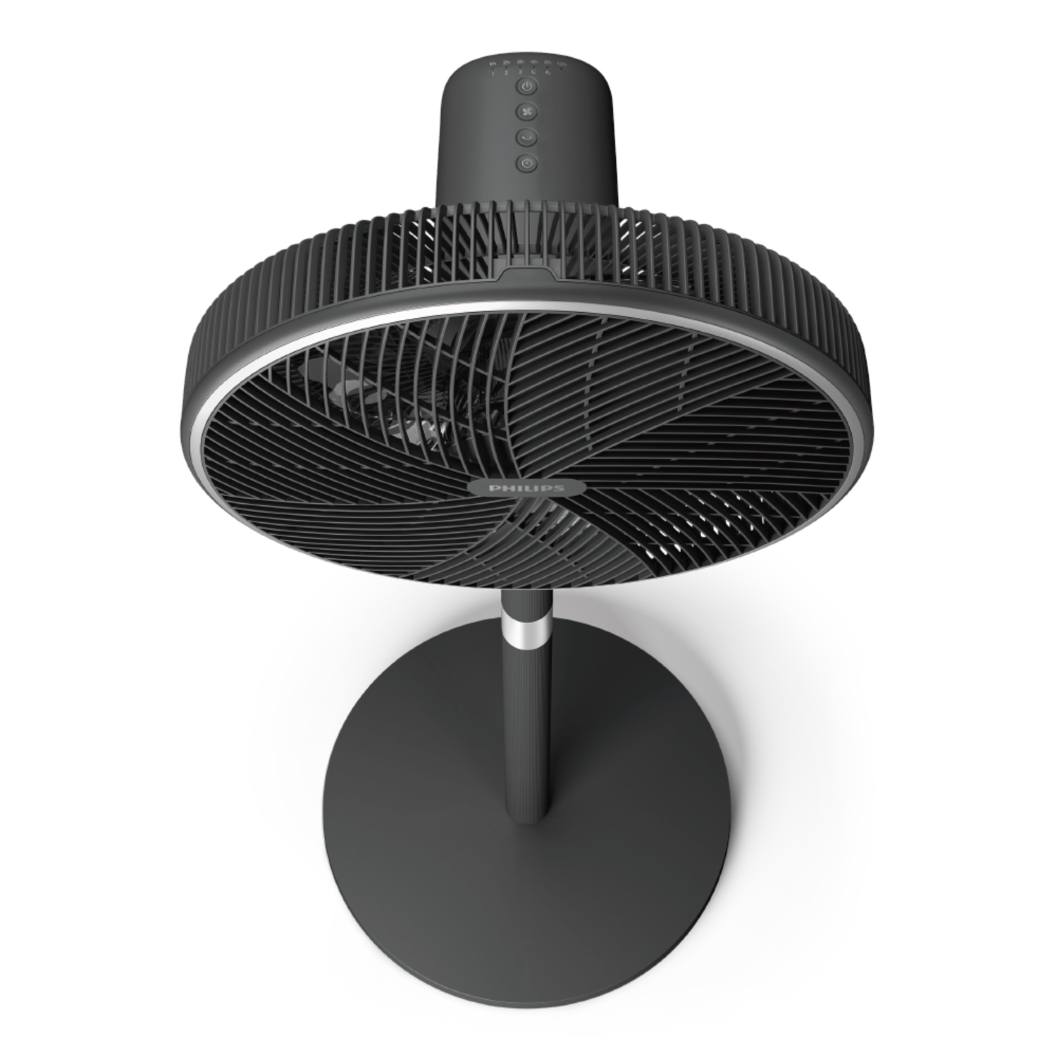 Ventilateur Philips noir et gris sur fond blanc.