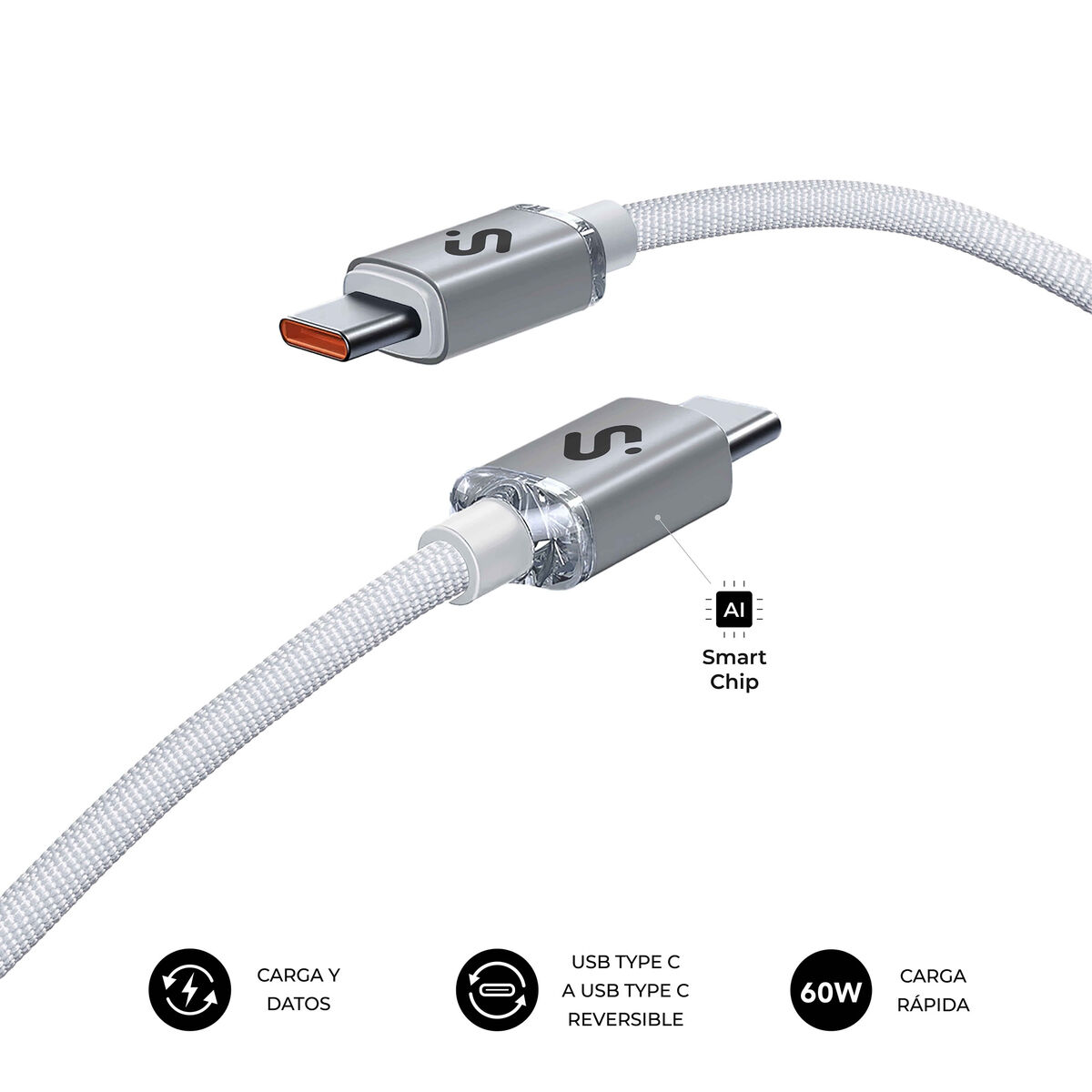 Dos cables USB-C con conectores plateados, cable blanco y Smart Chip.