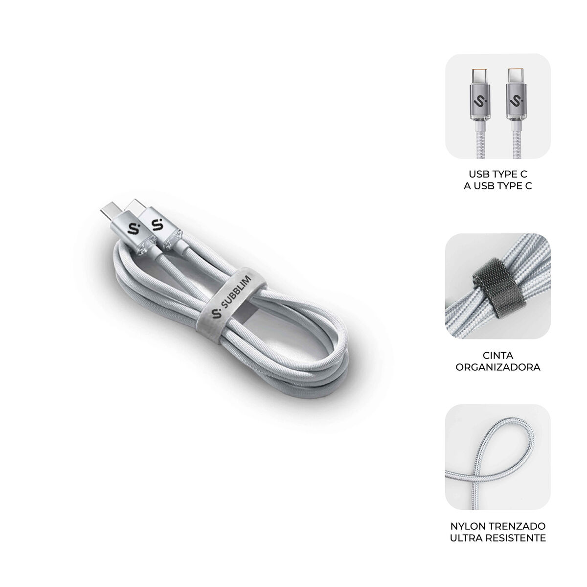 Cables USB-C con cable blanco, organizador y diseño de nailon.
