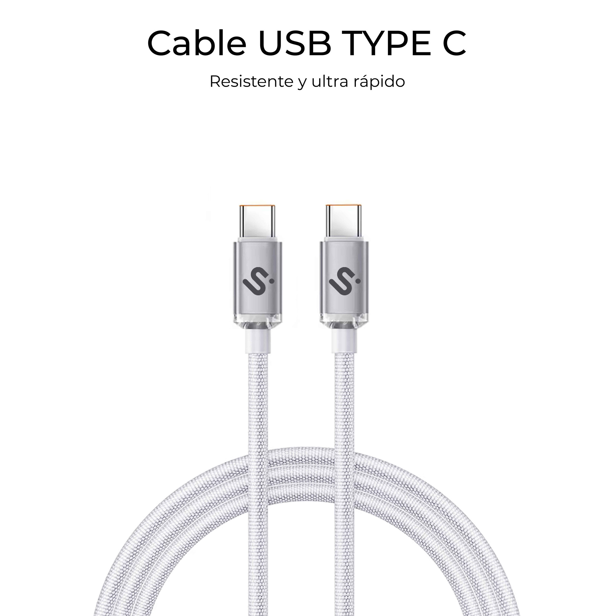 Dos cables USB Tipo C con conectores plateados y cable blanco, sobre fondo blanco.