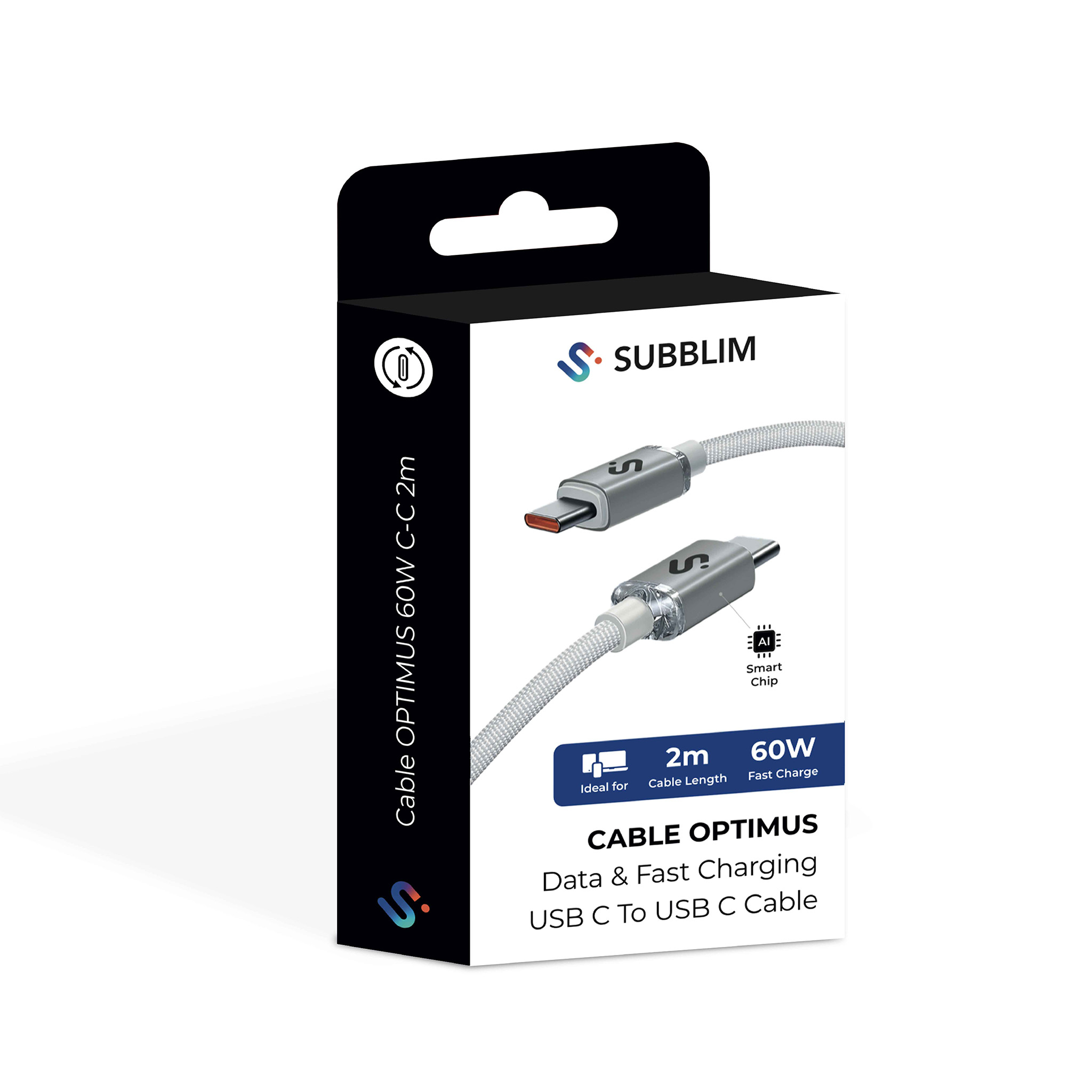 Caja de cable Subblim Cable Optimus USB C a USB C, que muestra el cable y el detalle del chip inteligente.
