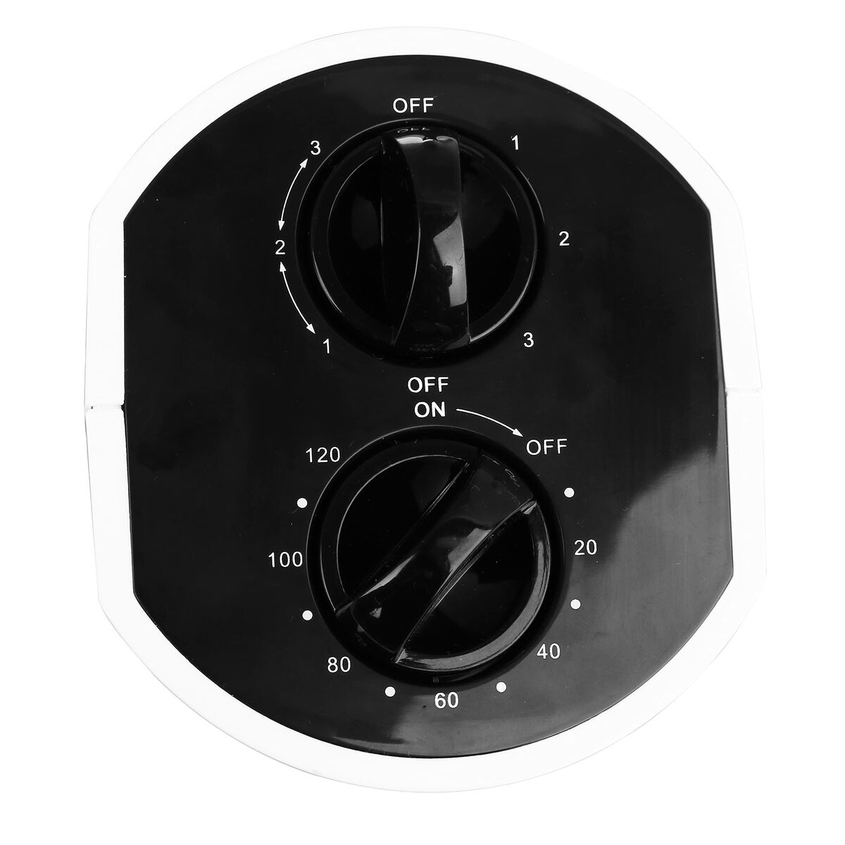 Czarno-biały panel sterowania z dwoma pokrętłami, oznaczony liczbami i 'OFF/ON'.