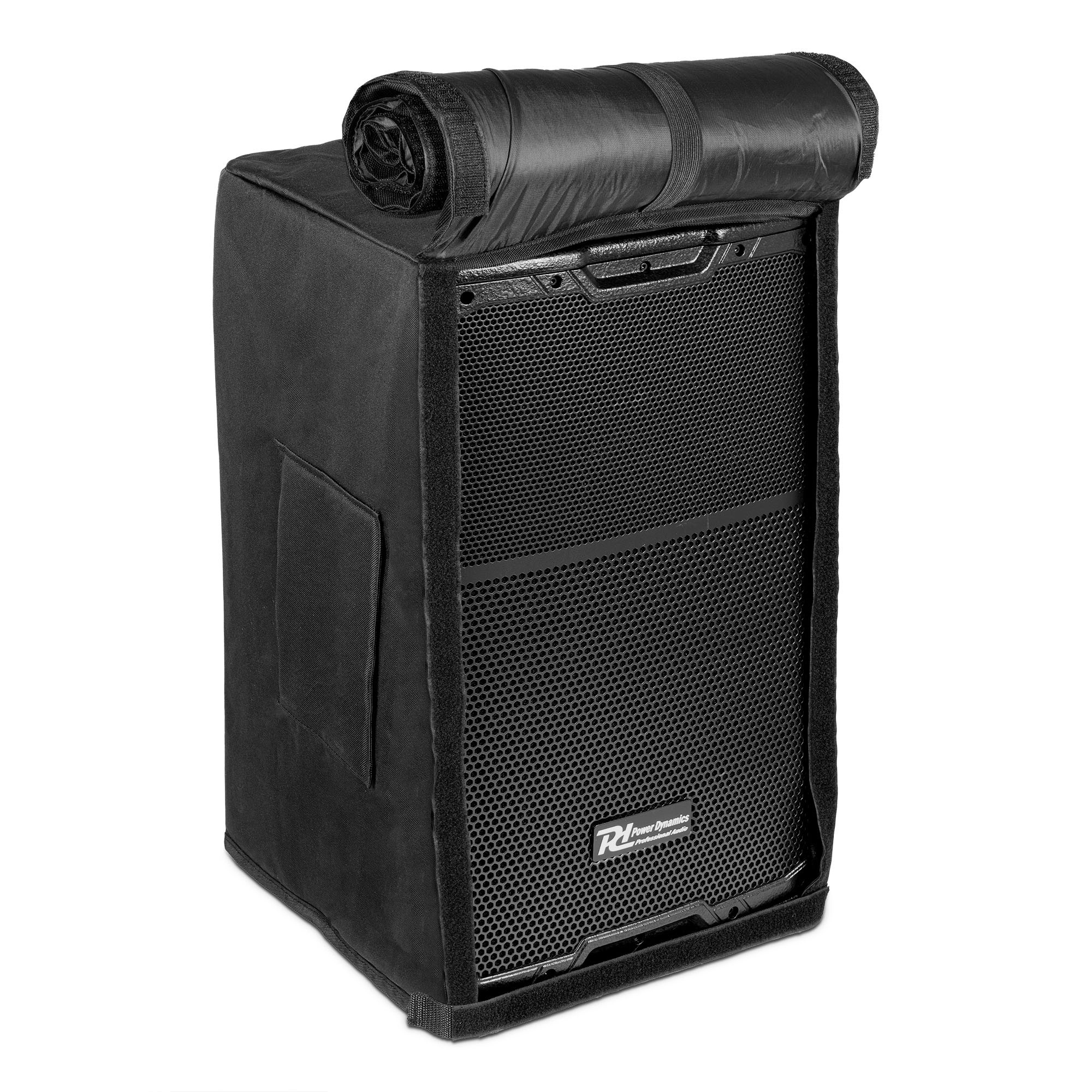 Altavoz negro con funda negra, parte superior enrollada. Aislado sobre fondo blanco.
