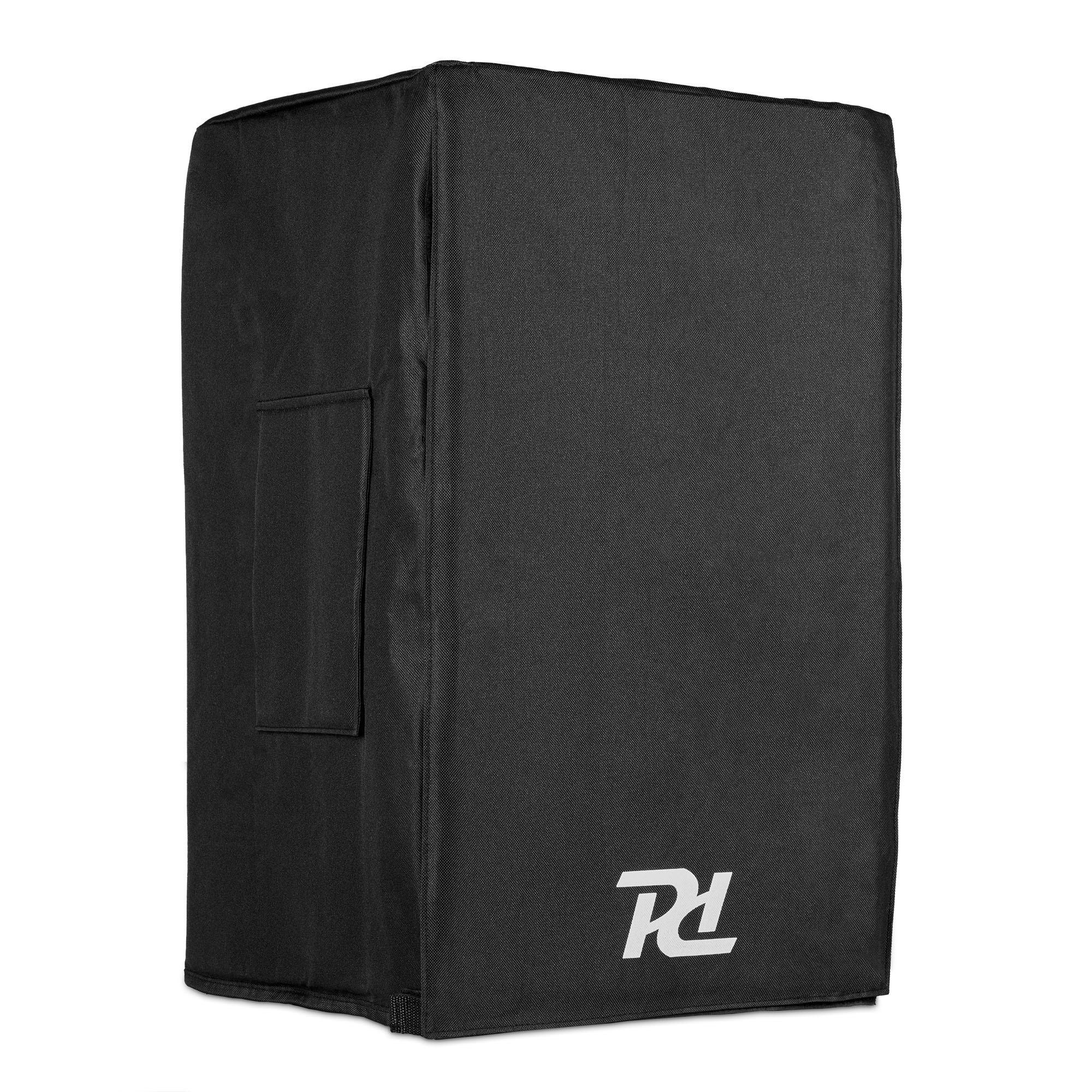 Una cubierta negra rectangular para altavoz. La cubierta tiene un pequeño bolsillo lateral y el logotipo "Pd".