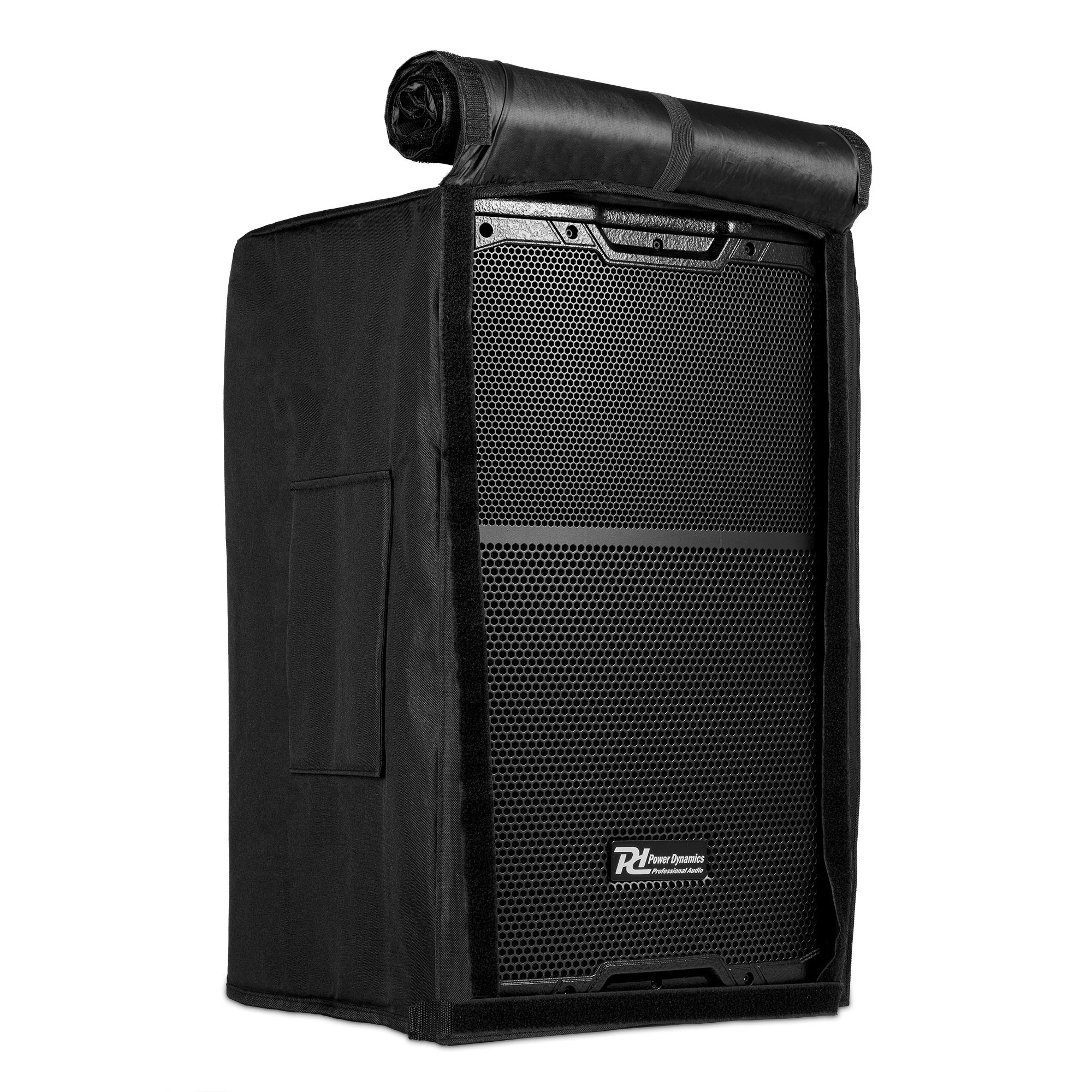 Altavoz negro en cubierta negra con parte superior enrollada. Fondo blanco.