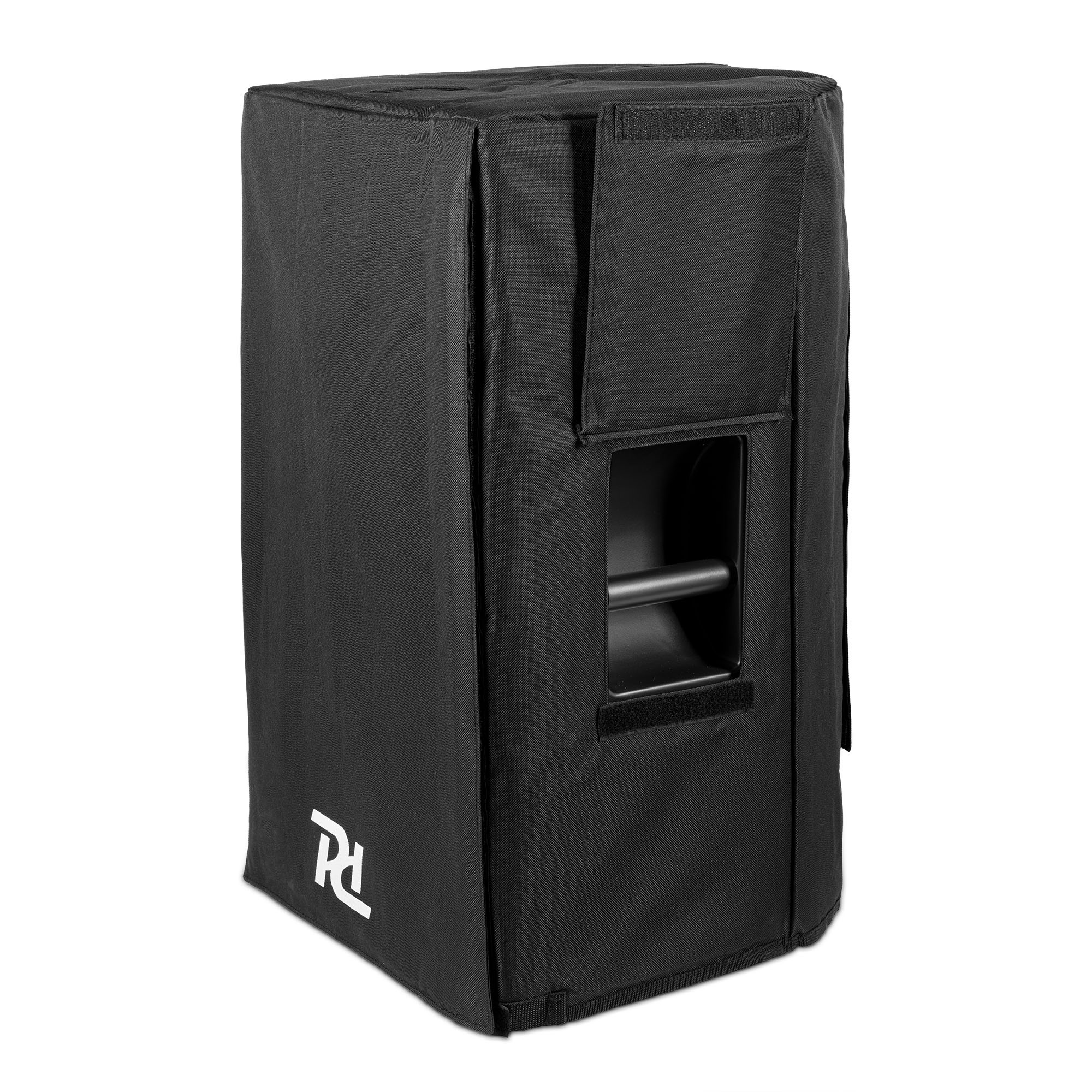 Altavoz negro en funda negra. Fondo blanco.