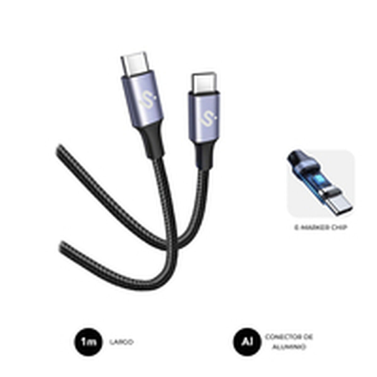 Dos cables USB-C con conectores grises. Objeto pequeño cerca. Fondo blanco.