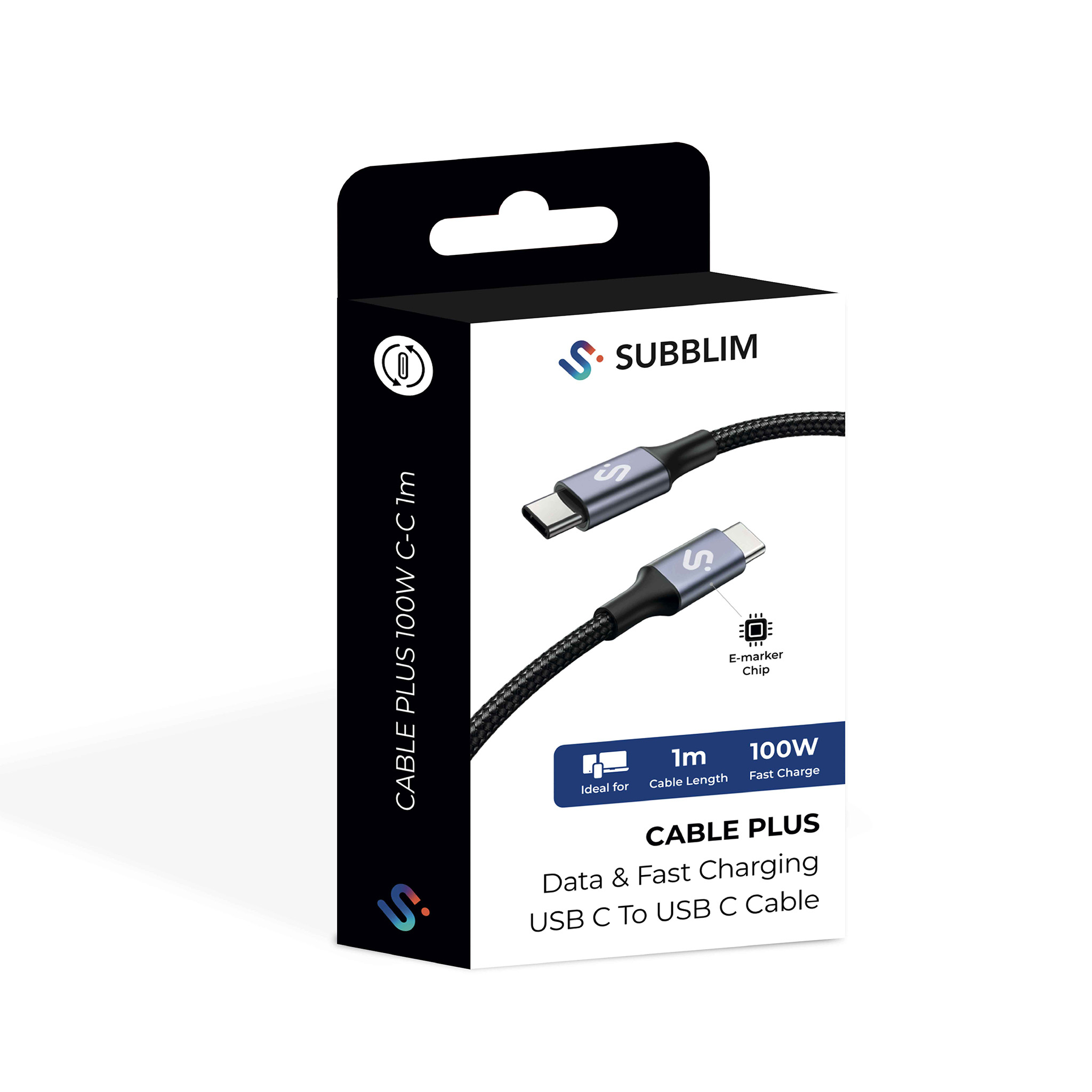 Cable USB-C en una caja. Fondo blanco.