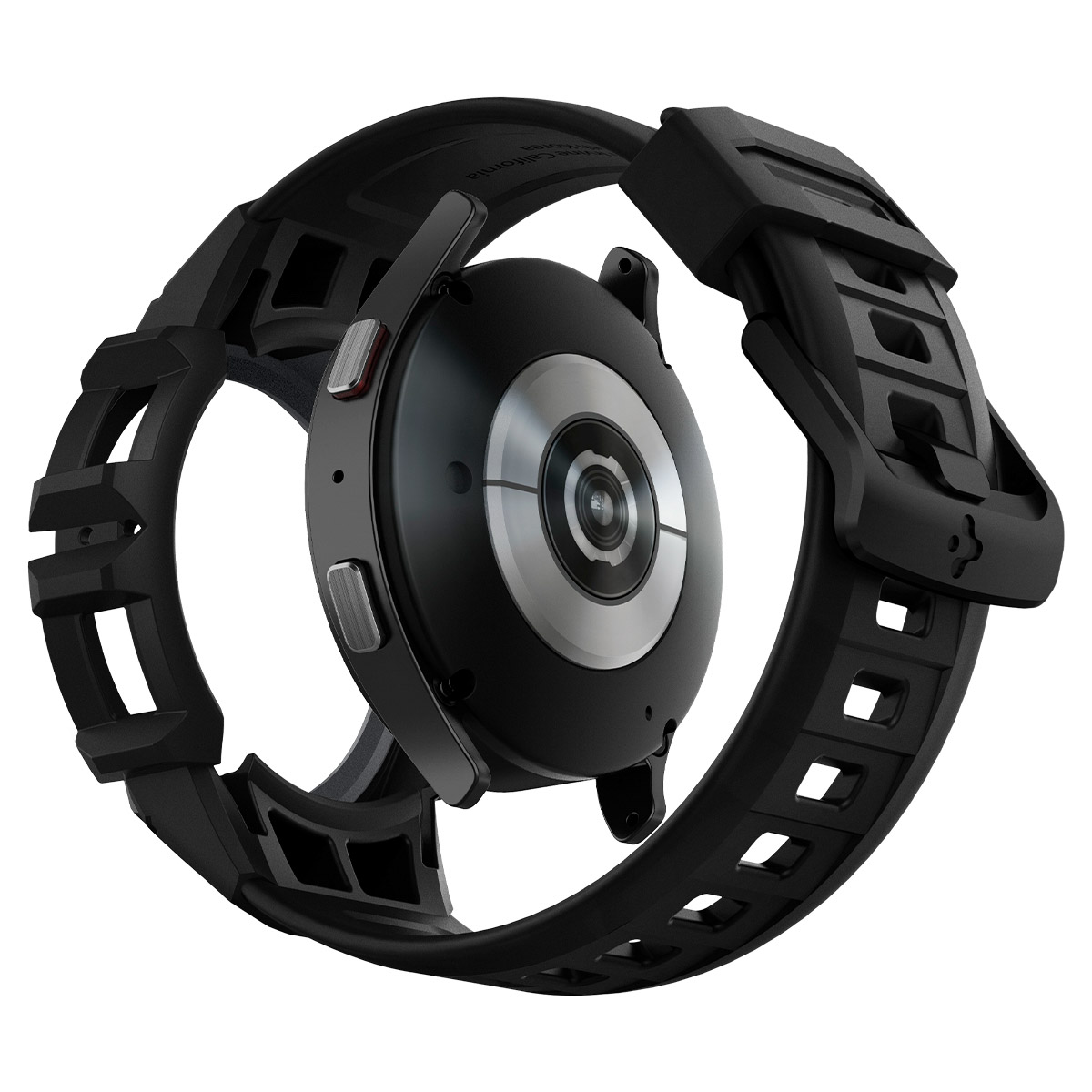 Czarny smartwatch z czarnym paskiem, widok z tyłu. Zegarek ma srebrny środek i czarny pasek.