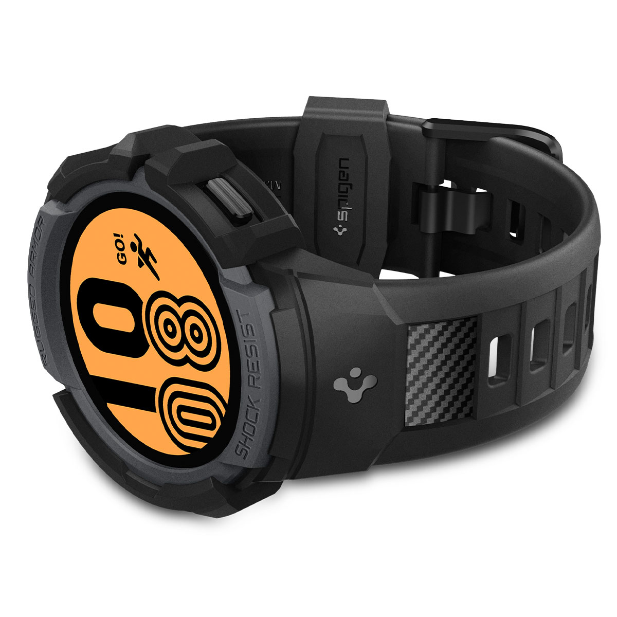 Czarny smartwatch z pomarańczowym wyświetlaczem pokazującym '10 08 GO!'. Zegarek jest na białym tle.