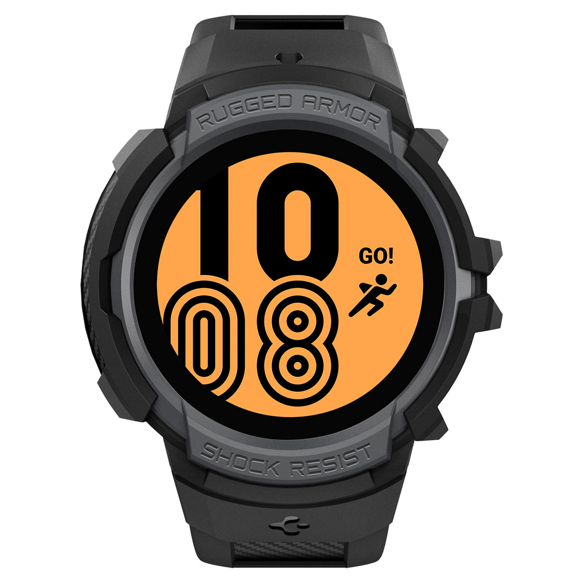 Czarny smartwatch z pomarańczowym wyświetlaczem '10 08 GO!'. Białe tło, design Rugged Armor.