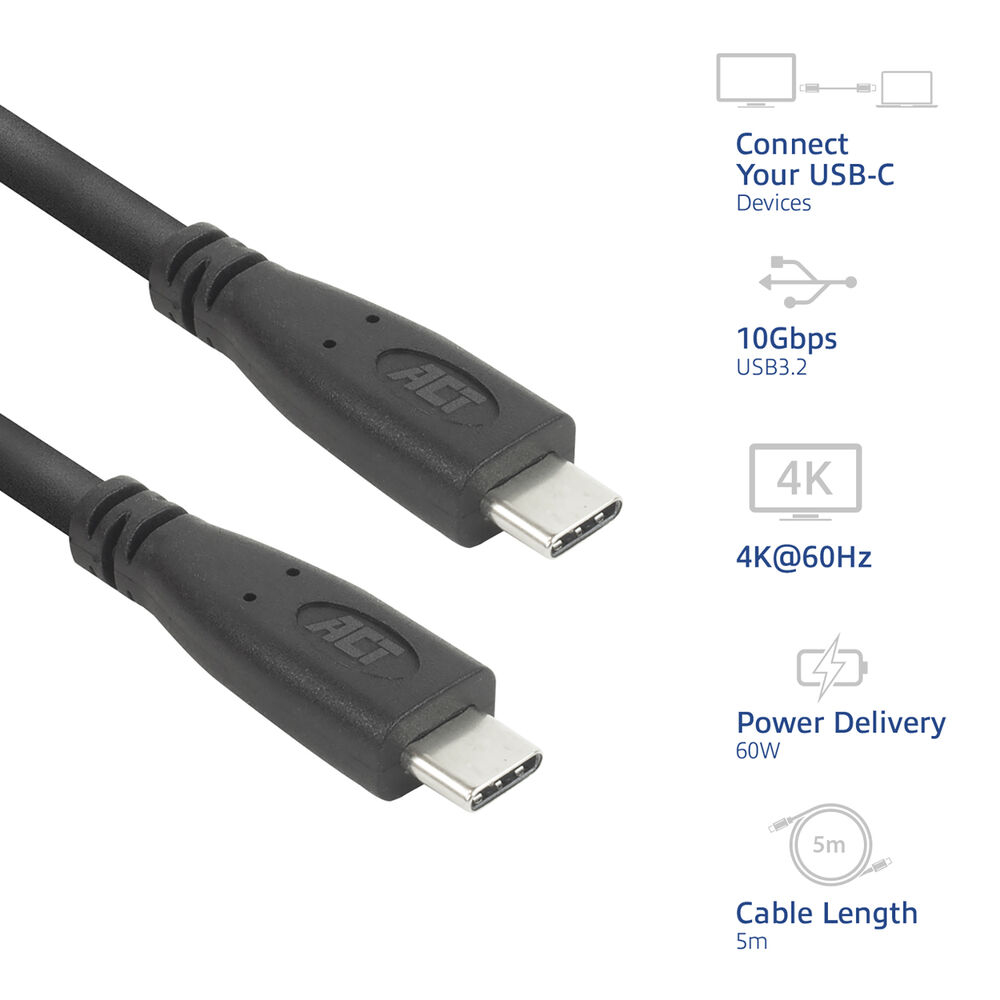 Twee zwarte USB-C-kabels met connectoren. De afbeelding toont ook de specificaties en gebruikspictogrammen van de connector.