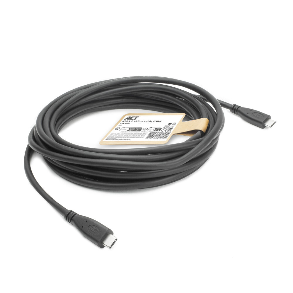 Zwarte USB-C-kabel opgerold met een witte achtergrond en een productlabel.