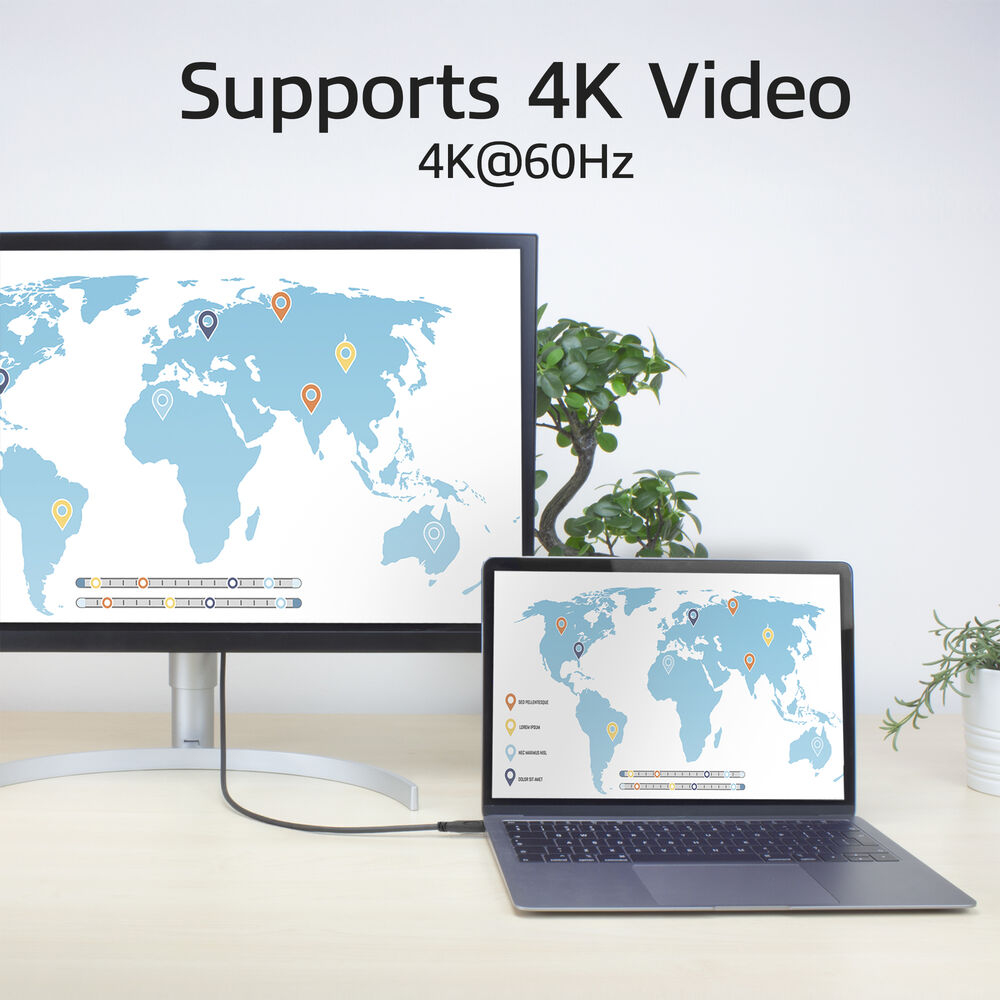 Een monitor en een laptop op een bureau, verbonden door een kabel. Tekst: 'Supports 4K Video'.