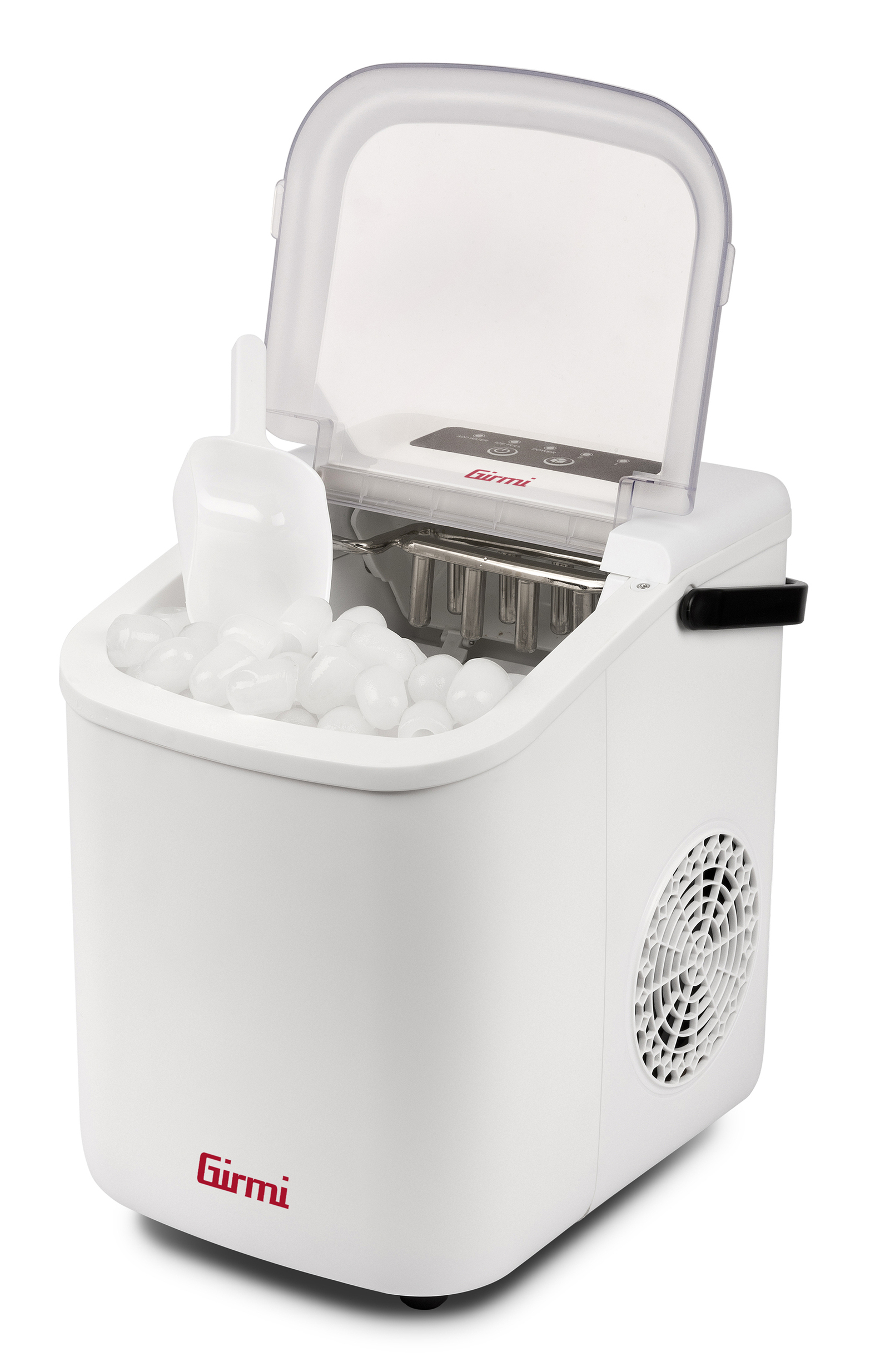 Kostkarka do lodu, biała, otwarta z lodem i chochlą. Ma boczny wentylator i widoczne jest logo Girmi.