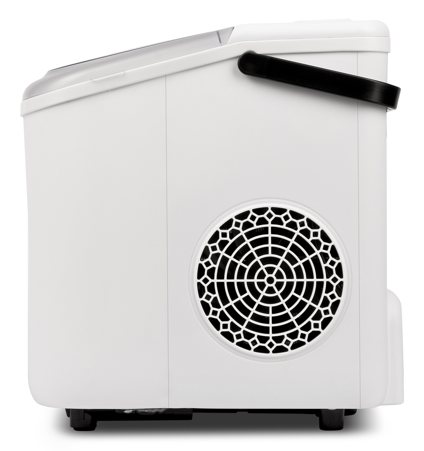 Biała kostkarka do lodu z widokiem z boku. Ma wentylator i czarny uchwyt. Widoczne jest logo Girmi.