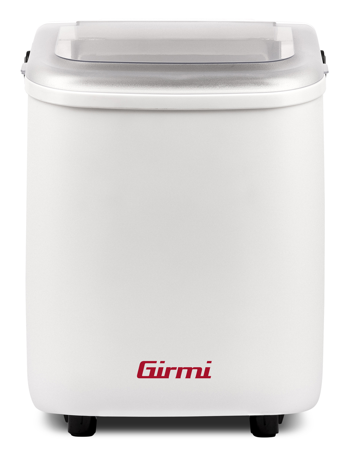 Biała kostkarka do lodu ze srebrną pokrywą, logo Girmi z przodu. Ma czerwone logo.