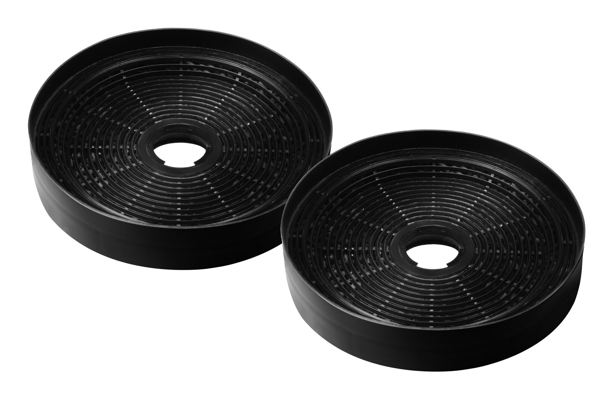 Dwa czarne, okrągłe filtry węglowe z koncentrycznymi okręgami, przeznaczone do okapu kuchennego.