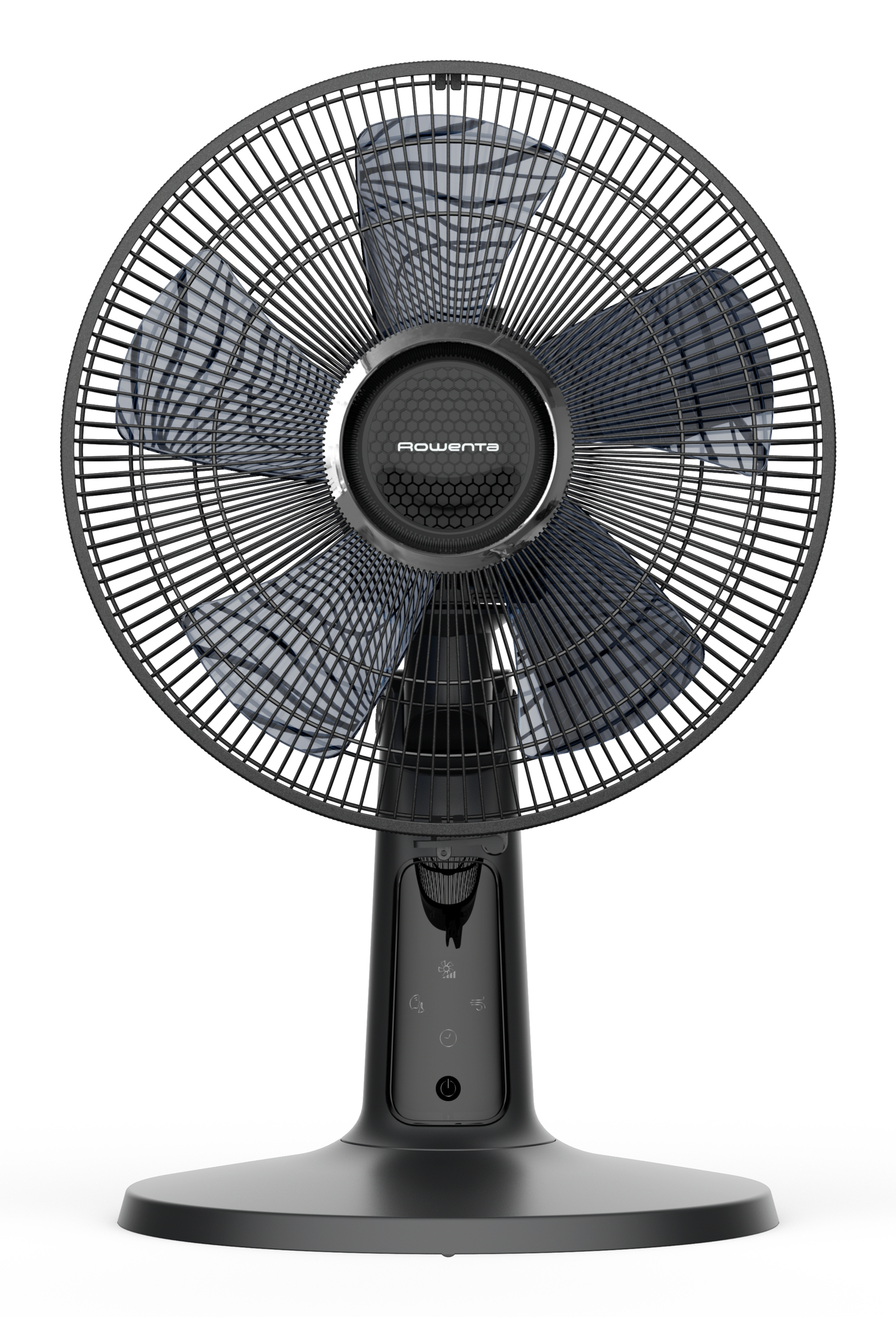 Ein schwarzer Rowenta-Ventilator. Er hat vier Flügel, ein Schutzgitter und einen runden Sockel.