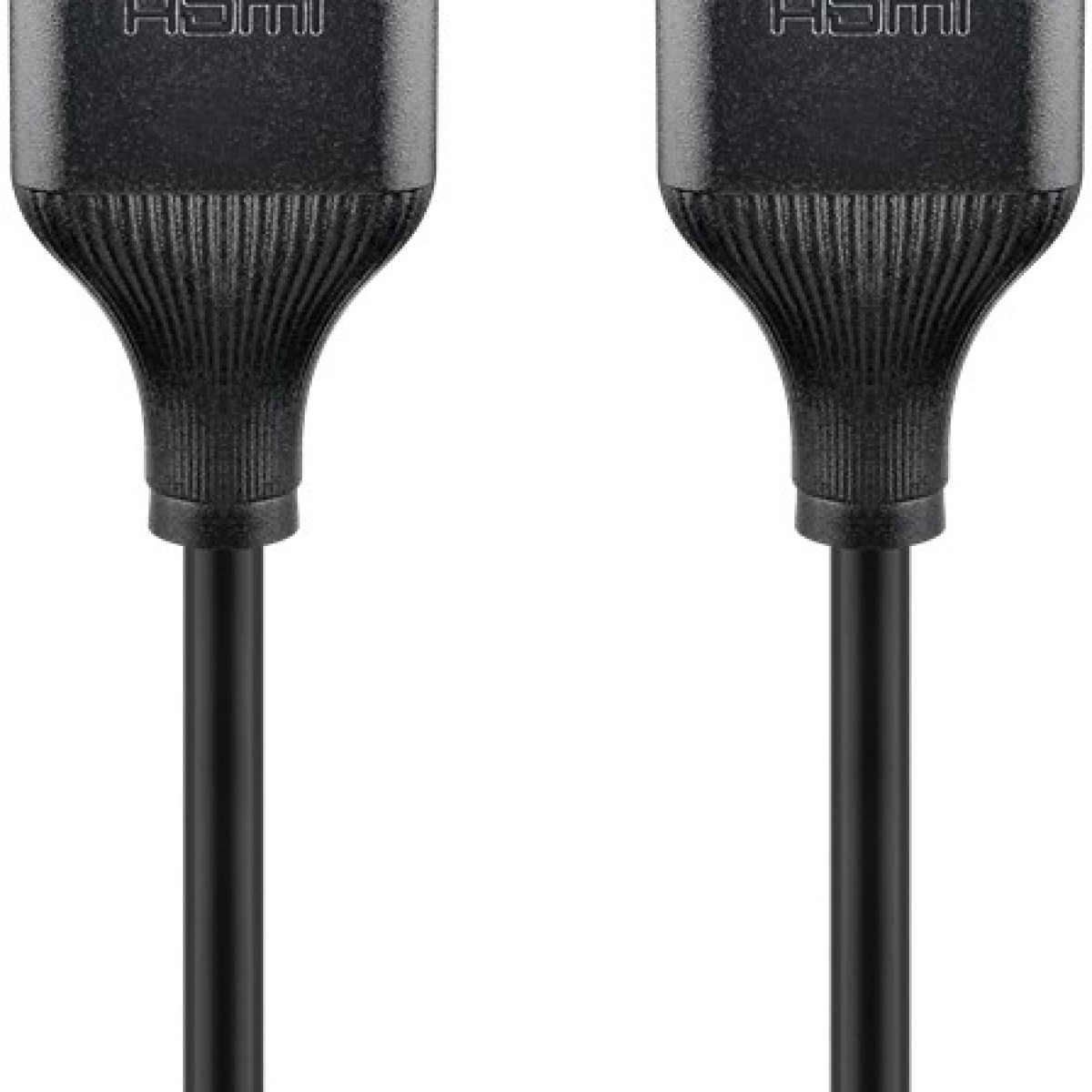Zwei schwarze HDMI-Anschlüsse, die mit Kabeln verbunden sind.