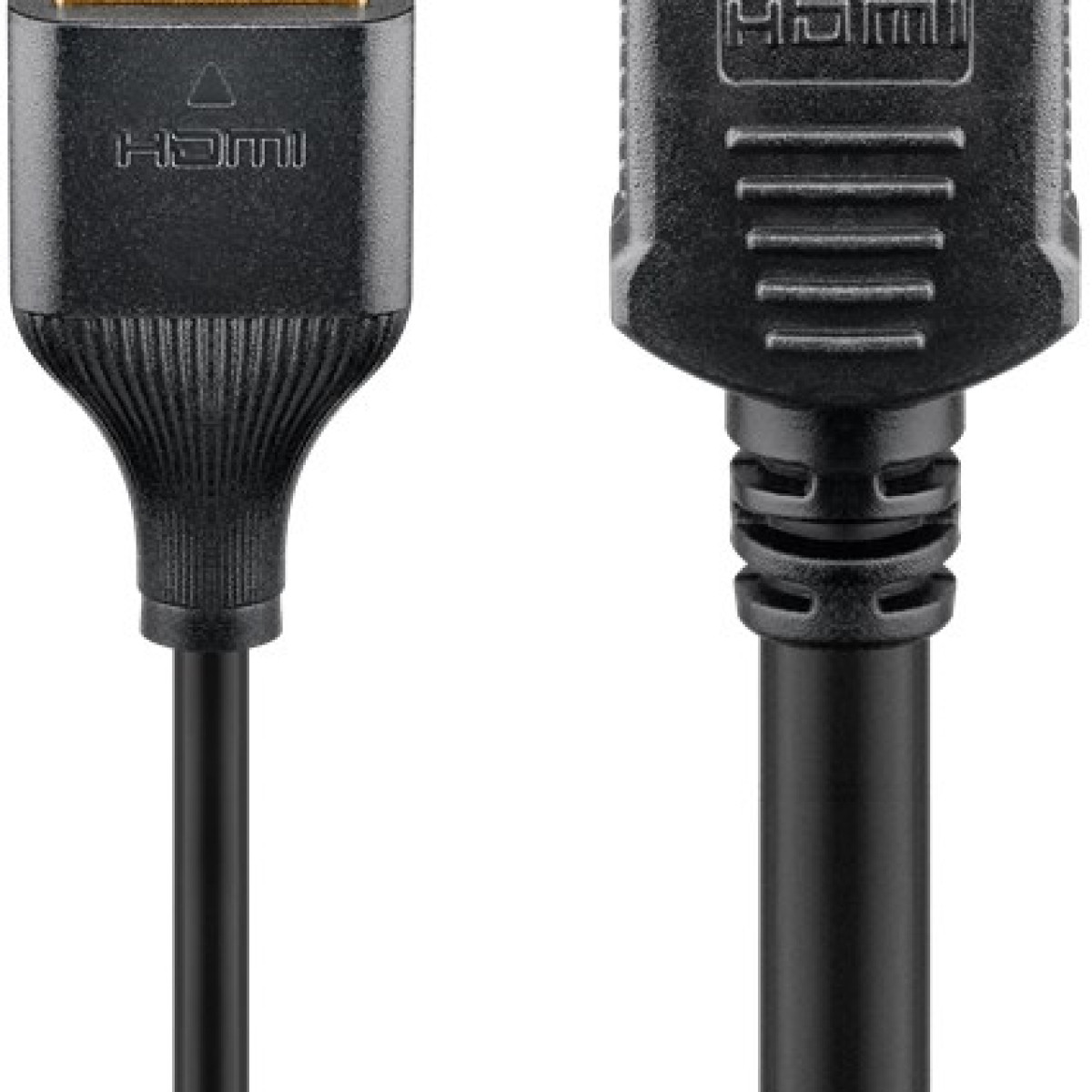 Nahaufnahme von zwei schwarzen HDMI-Anschlüssen mit HDMI-Logos, vor weißem Hintergrund.
