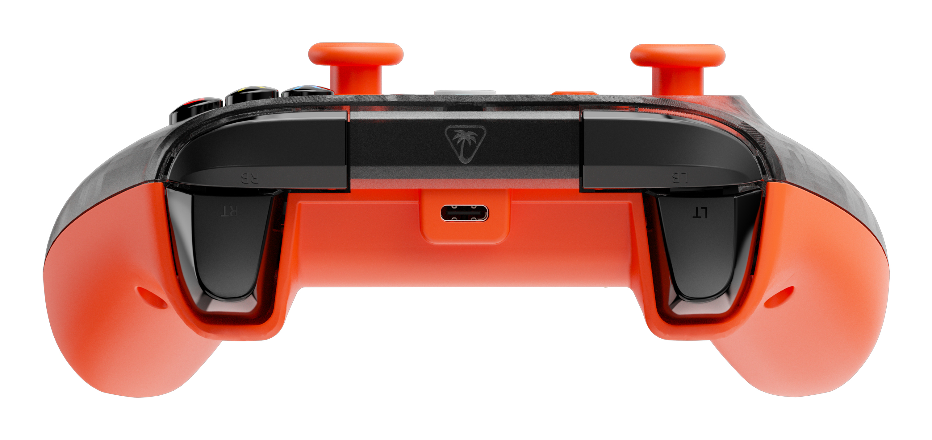 Tył pomarańczowo-czarnego kontrolera do gier z przyciskami i portem ładowania.