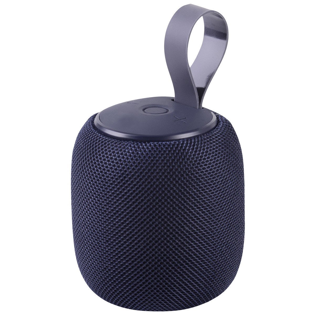 Mały niebieski głośnik z uchwytem na białym tle.