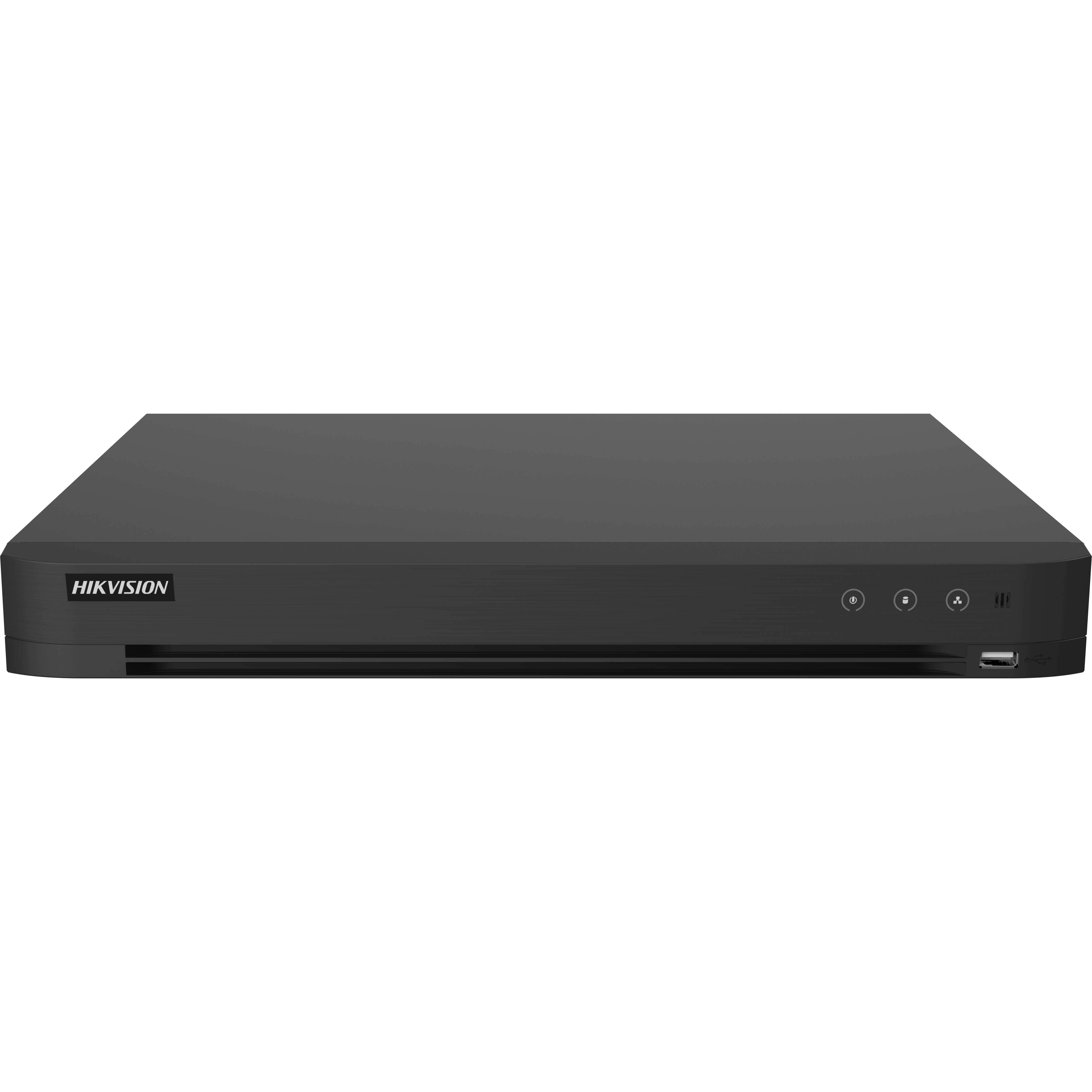 Czarny rejestrator DVR z logo HIKVISION na białym tle.