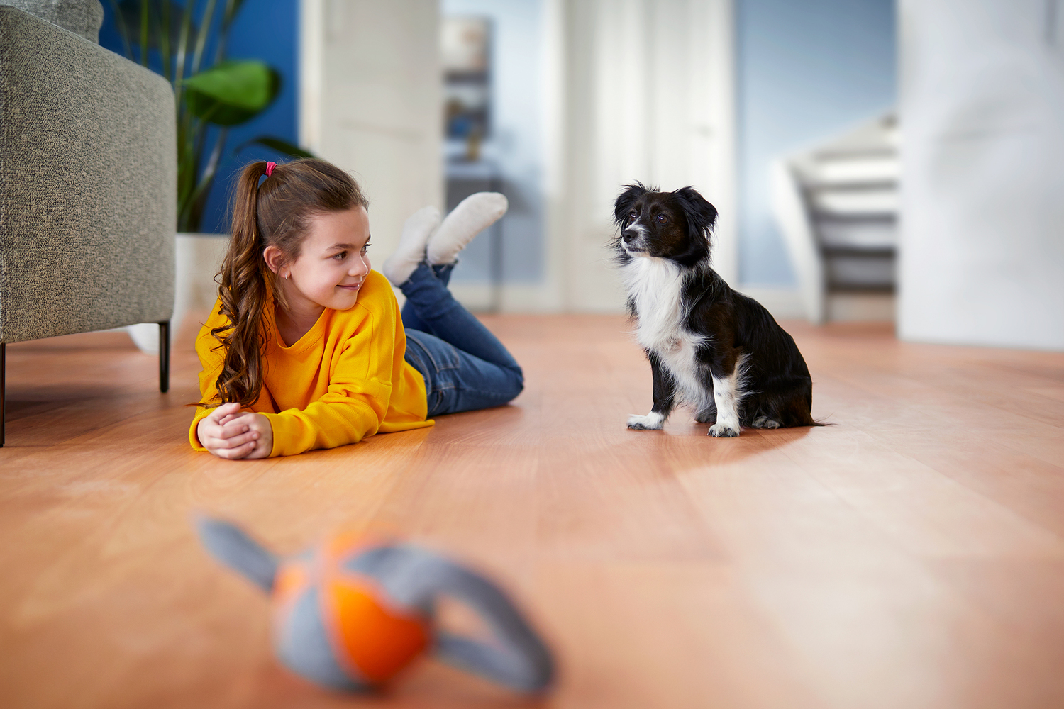 Bir kız ve bir köpek yerde oynuyor. Kız gülümsüyor.
