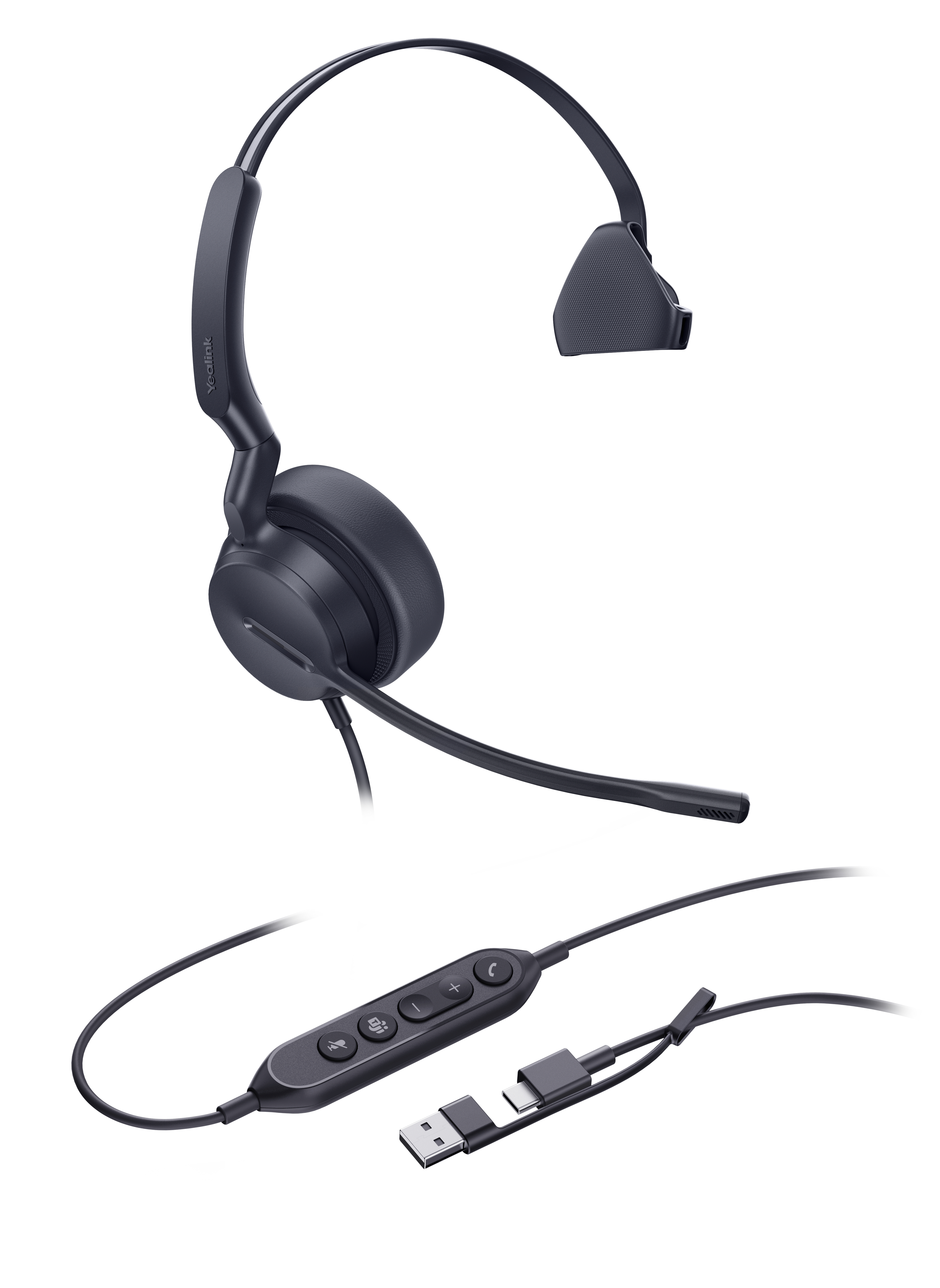 Casque noir avec microphone et boutons de contrôle. Comprend un connecteur USB. Fond blanc.