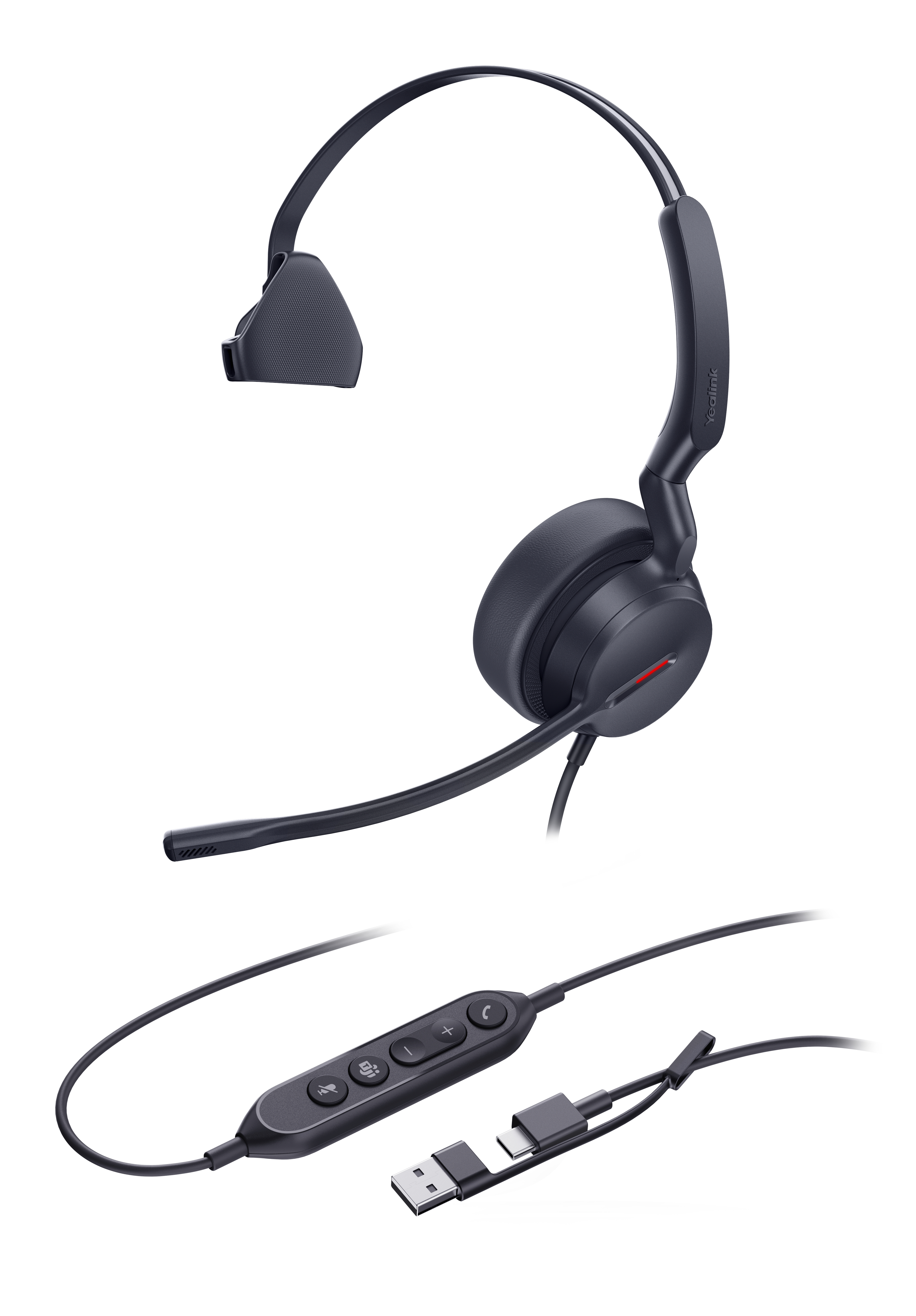 Casque noir avec micro et câble USB. Panneau de commande avec boutons. Fond blanc.