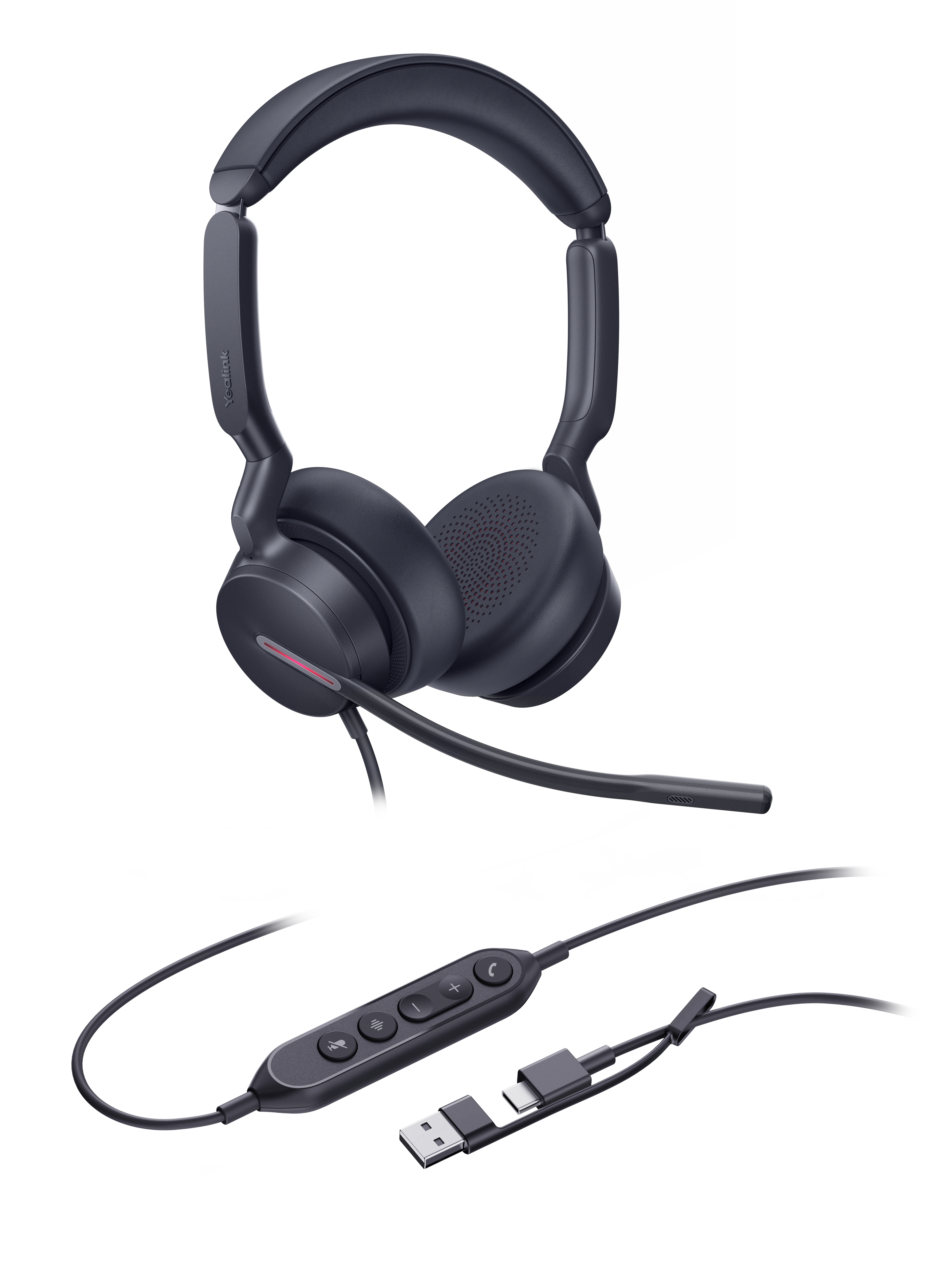 Casque noir avec micro et module de contrôle. Le casque est sur fond blanc.