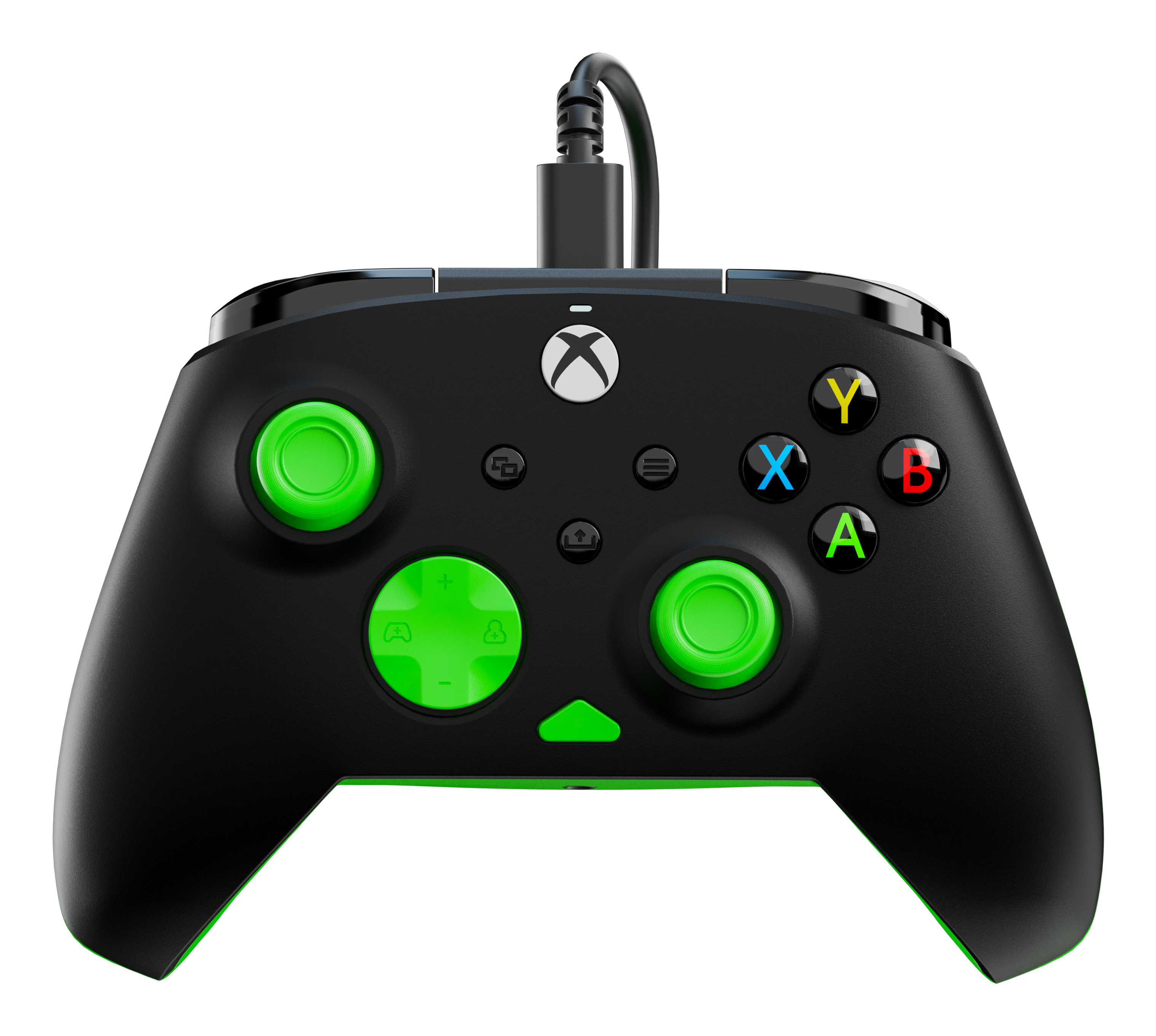 Manette Xbox noire avec détails verts, boutons verts et câble USB. Fond blanc.