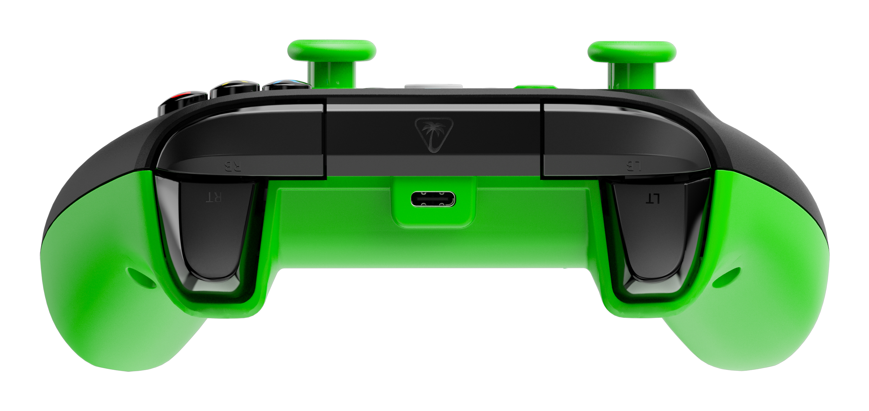 Manette de jeu verte et noire, montrant la vue arrière. Elle a des boutons et un port USB.