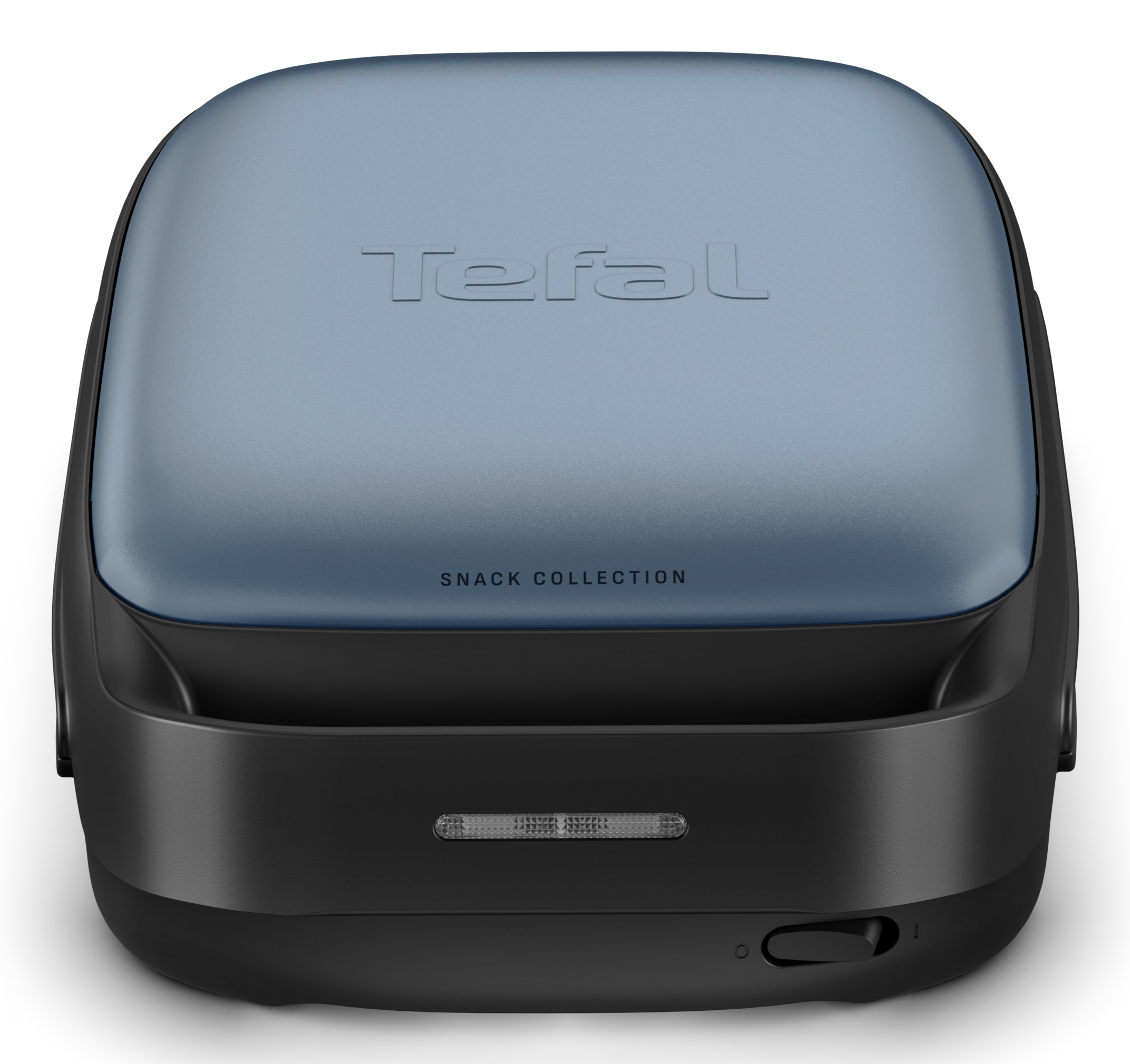 Un'apparecchio Tefal Snack Collection nero e blu su sfondo bianco, vista dall'alto.