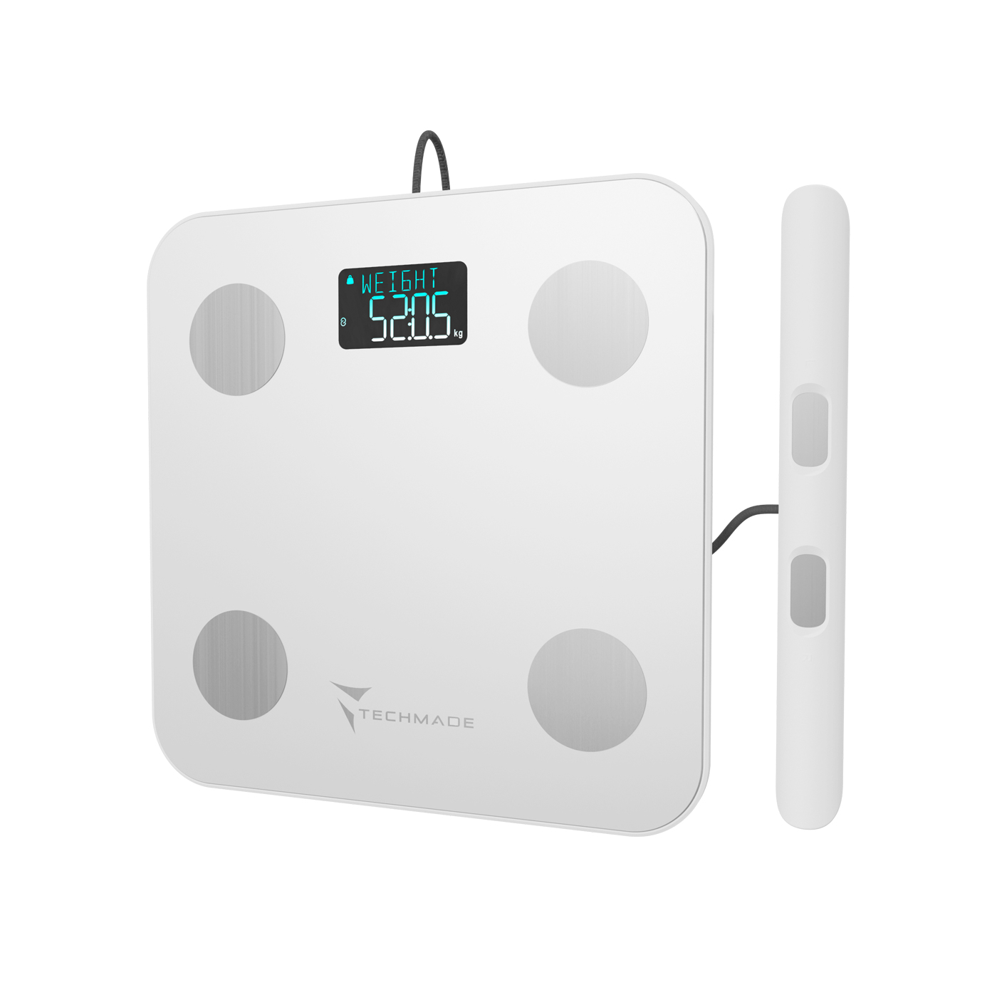 Bilancia intelligente bianca con display che mostra il peso. Logo Techmade visibile.