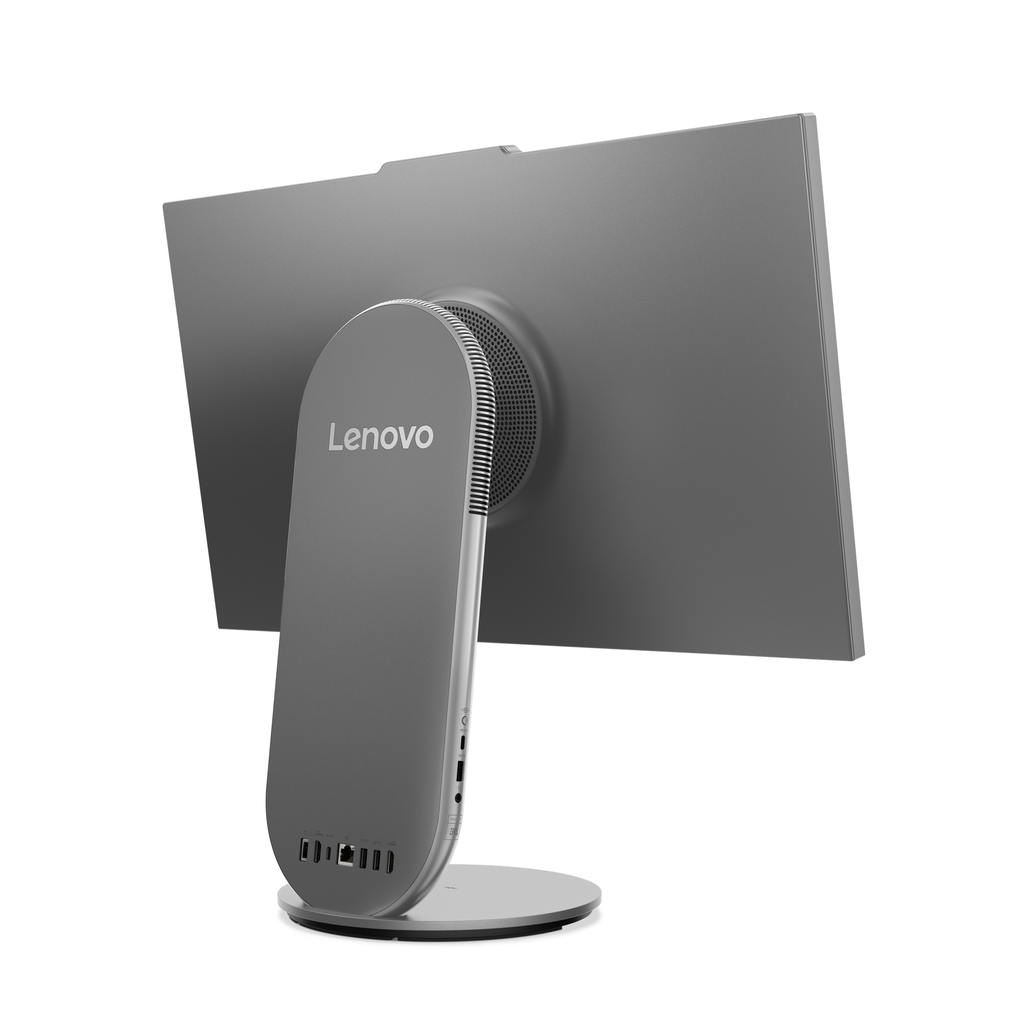Rückansicht eines grauen Lenovo-Monitors. Der Ständer ist silbern, die Rückseite grau.