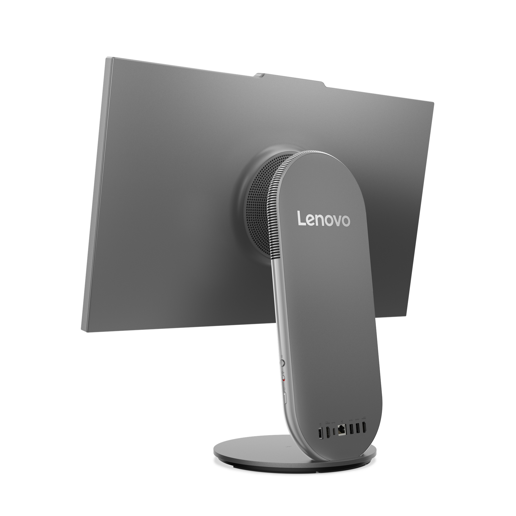 Ein grauer Monitor mit Ständer, von hinten betrachtet. Das Lenovo-Logo ist auf der Rückseite sichtbar.