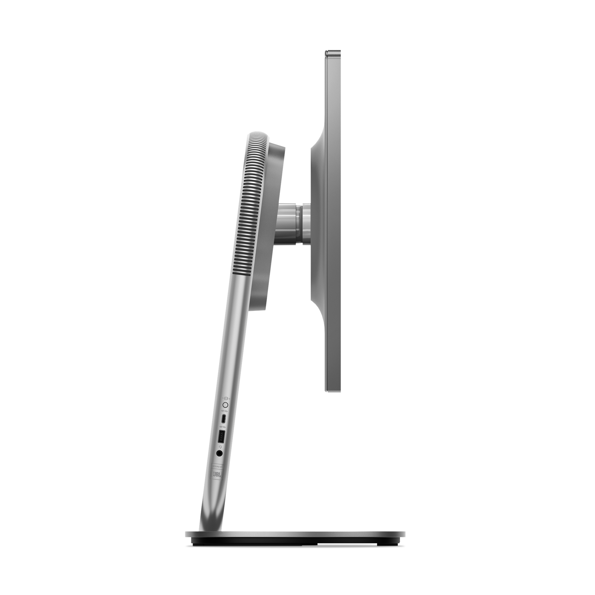 Seitenansicht eines grauen Lenovo-Monitors. Der Ständer ist silber, das Display grau.