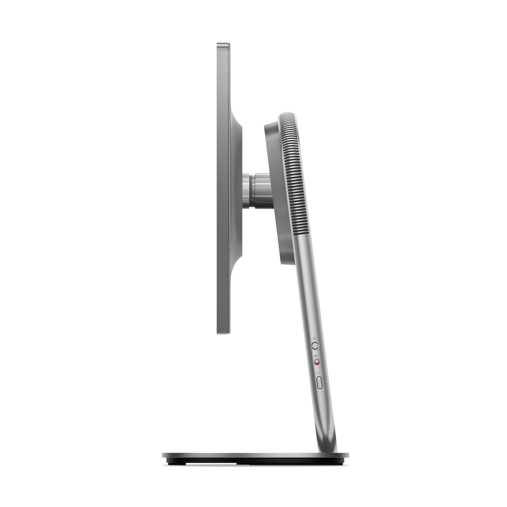 Seitenansicht eines grauen Lenovo-Monitors. Der Ständer ist silber, das Display grau.