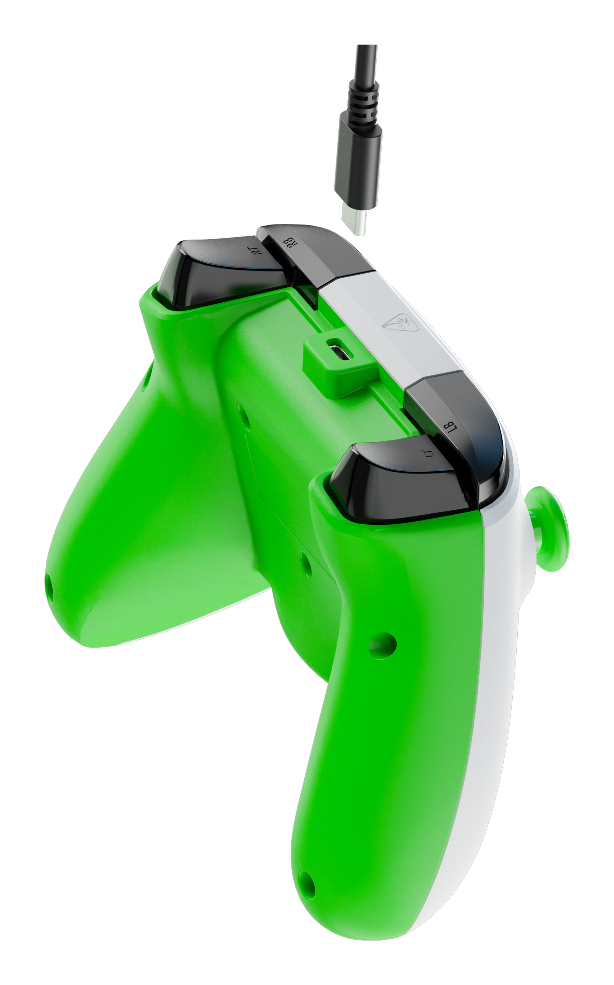 Zielono-biały kontroler Xbox. Widok z tyłu z przyciskami spustu i portem USB-C.