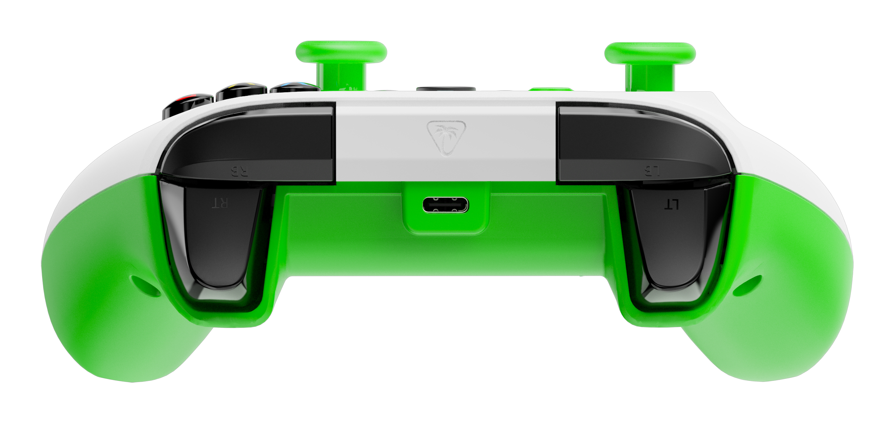 Zielony i biały kontroler do gier, z przyciskami i joystickami. Na dole znajduje się port ładowania.