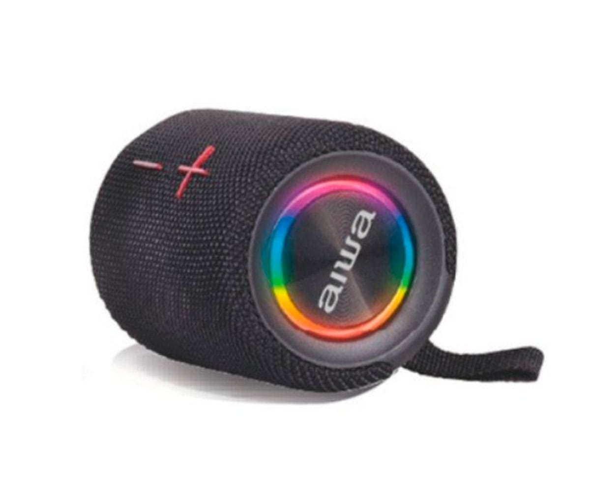 Czarny głośnik walcowy z kolorowym pierścieniem świetlnym, czerwony znak plus na białym tle.