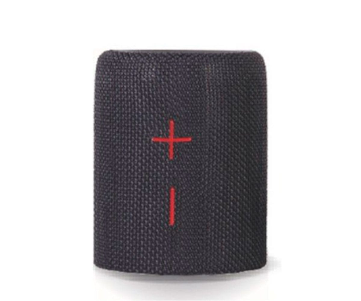 Czarny głośnik walcowy z czerwonym znakiem plus na białym tle.