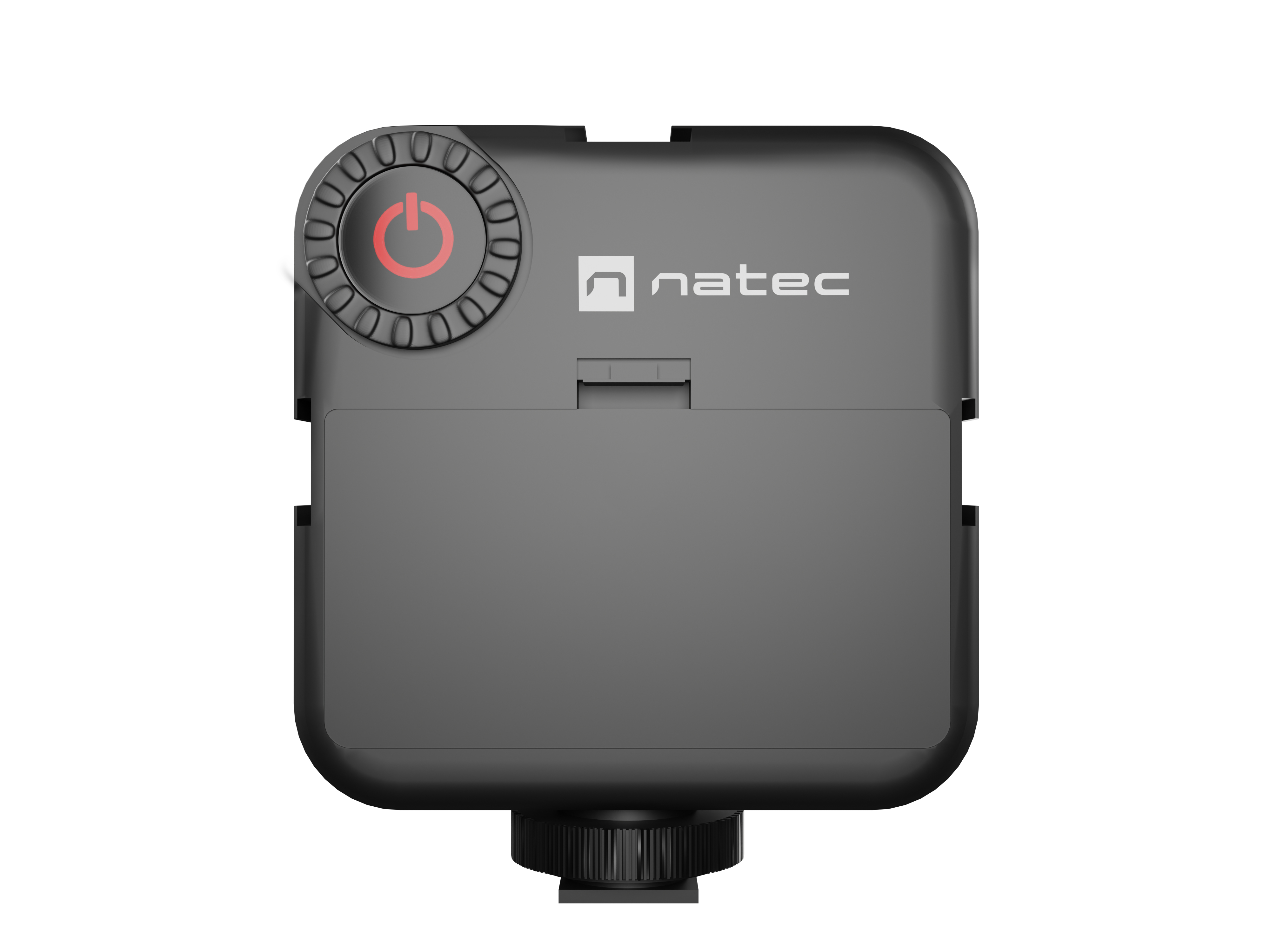 Czarne prostokątne urządzenie z czerwonym przyciskiem zasilania i logo marki.