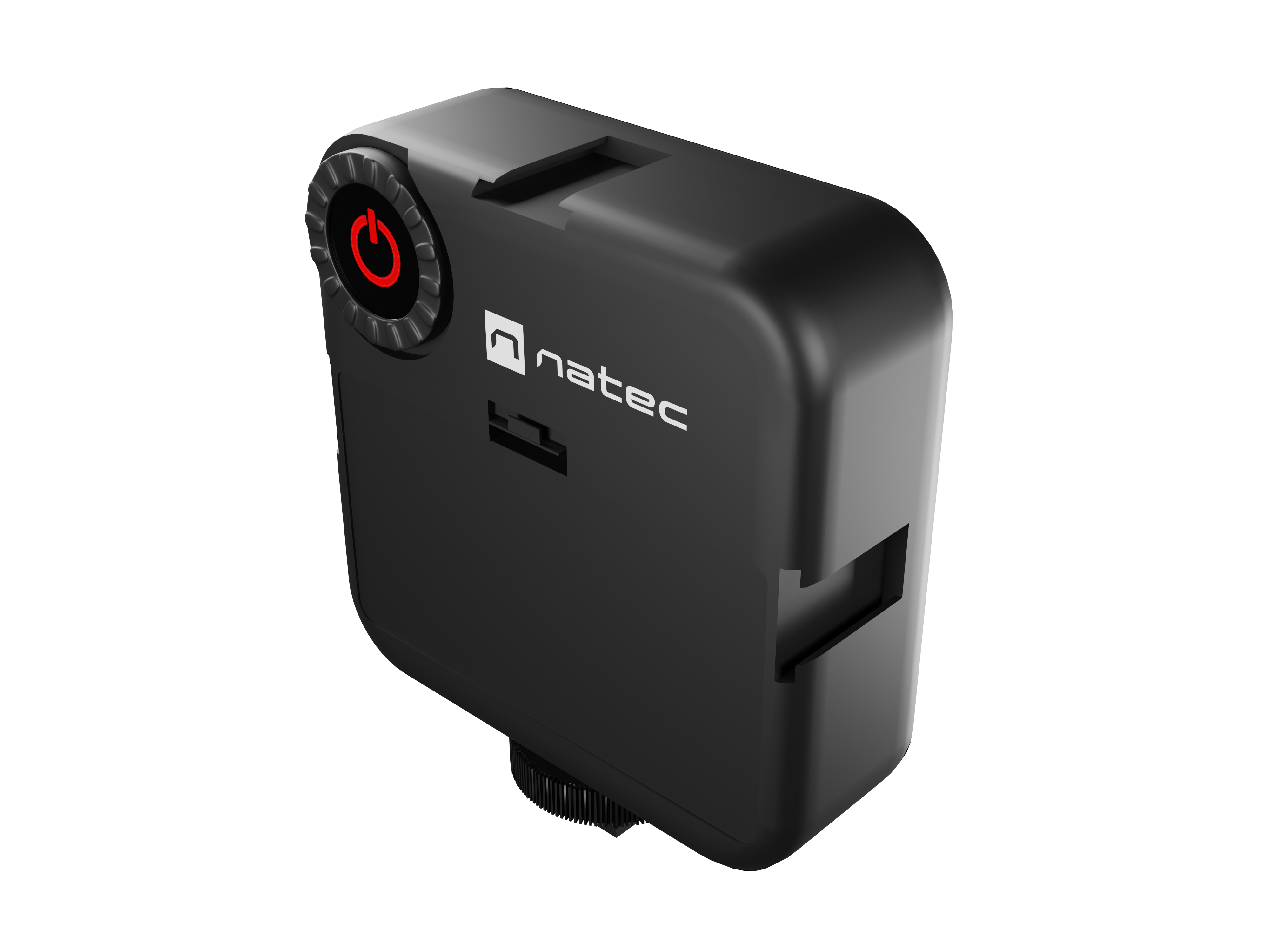 Czarne urządzenie z czerwonym przyciskiem zasilania, logo natec i przegródką.