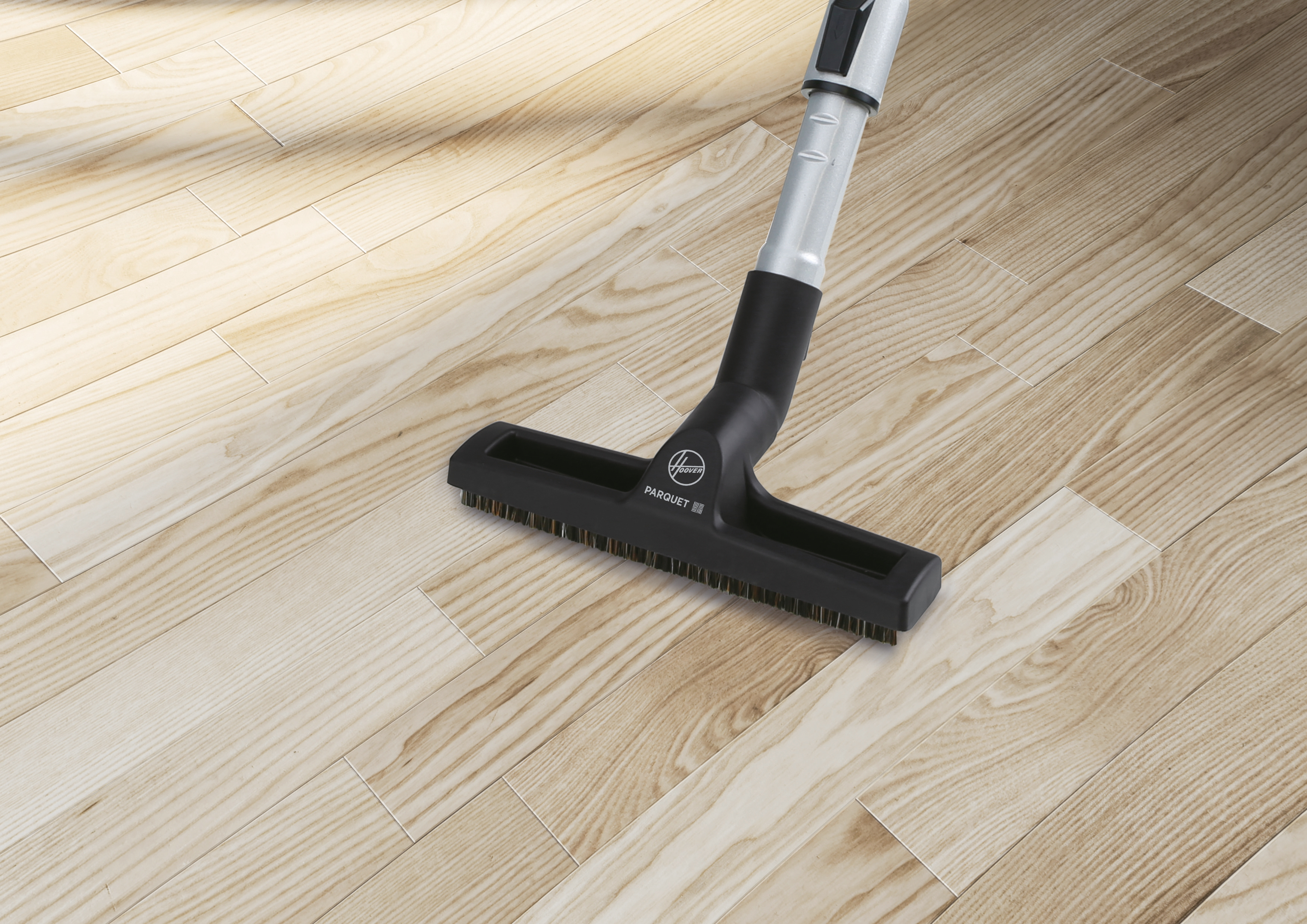 Testa dell'aspirapolvere su pavimento in legno. Grigio scuro e nero. Accenti argentati.