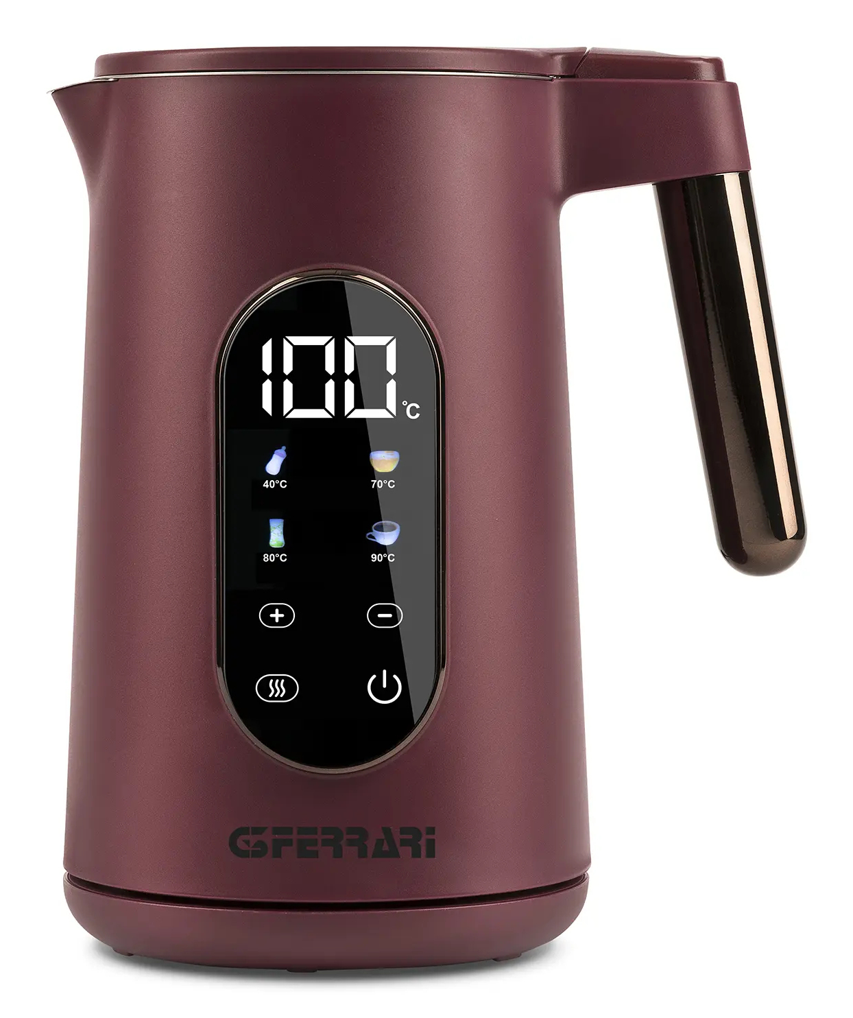 Ciemnoczerwony czajnik elektryczny z wyświetlaczem cyfrowym. Białe tło. Widok pod kątem.